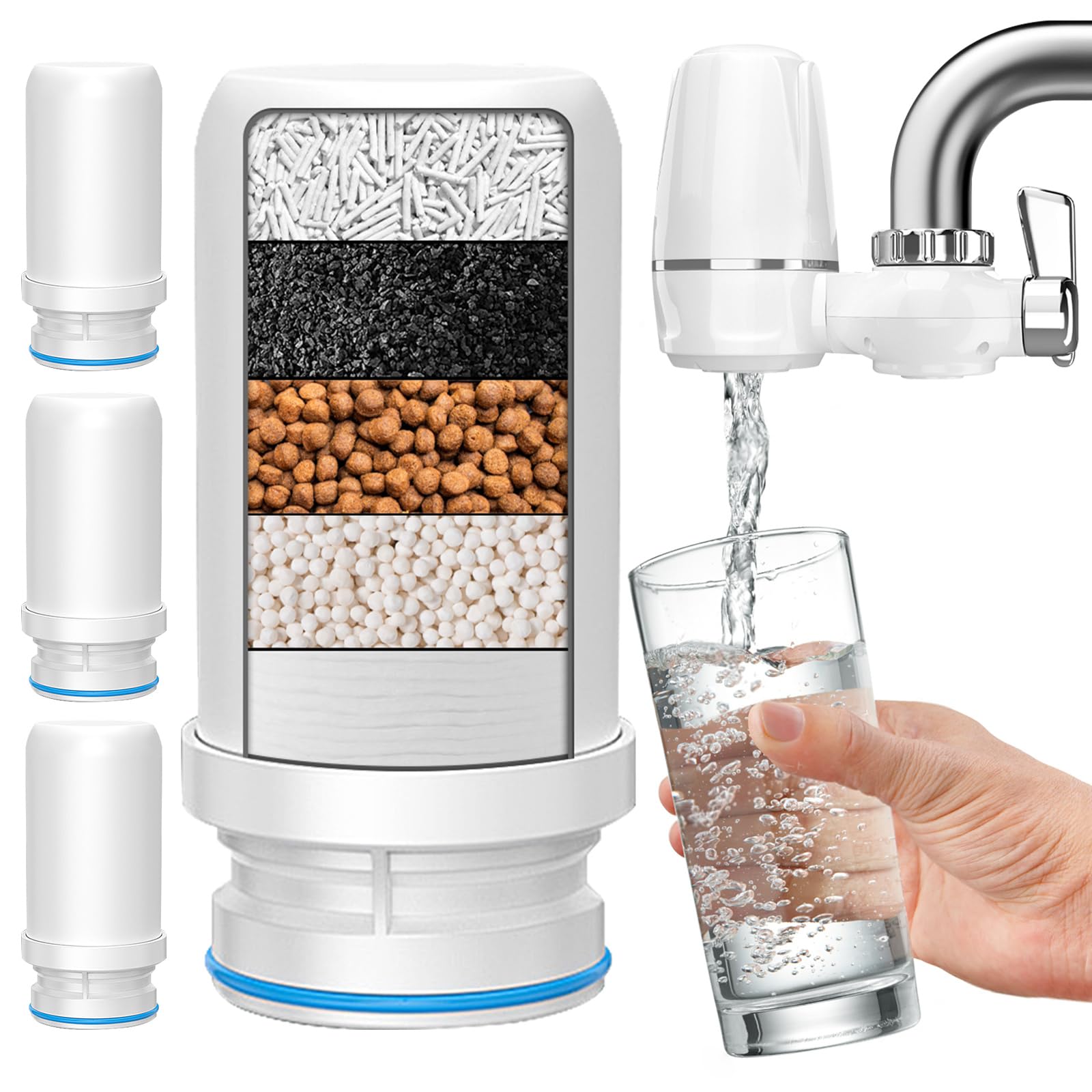 URbazaar 4 Pcs Replacement Cartridge for Faucet Mount Filter, Universal Multi-Stage Advanced Ceramic Water Filter, Removes Chlorine, Sediment, Chemicals, Suitable for Kitchen and Bathroom