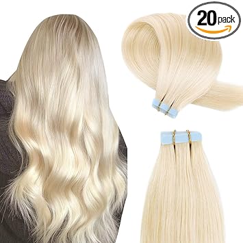 Tape in Human Hair Extensions 20 Inch 20pcs 50g/pack Silky Straight human Hair Extensions Bleach Blonde (20, 613n)