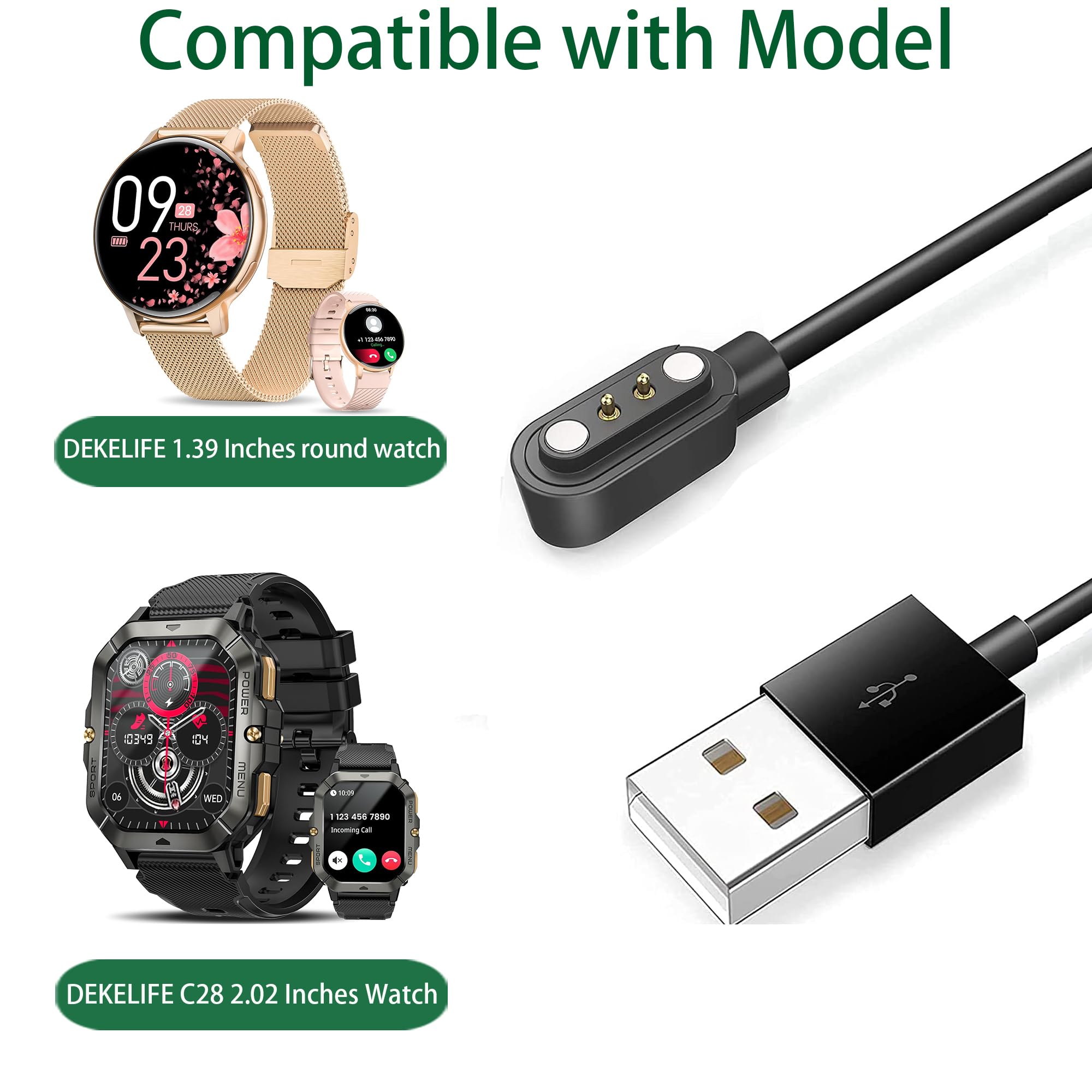 Lamshaw Compatible with DEKELIFE Smart Watches Charger, Magnetic USB Charging Cable Replacement Charger Compatible for DEKELIFE 1.39 Inches, C28 2.02 Inches Smart Watches (2 Pack-Black+Black)