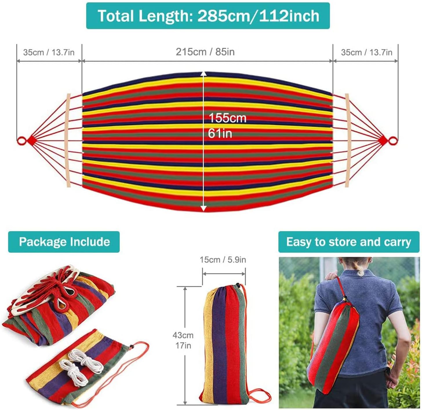285X155cm Hammock with Spreader Bars, Camping Hammock Outdoor, with Thickened Durable Canvas Fabric and Sturdy Metal Knot, 550 Lb Load Capacity, for Backyard, Garden,Blue