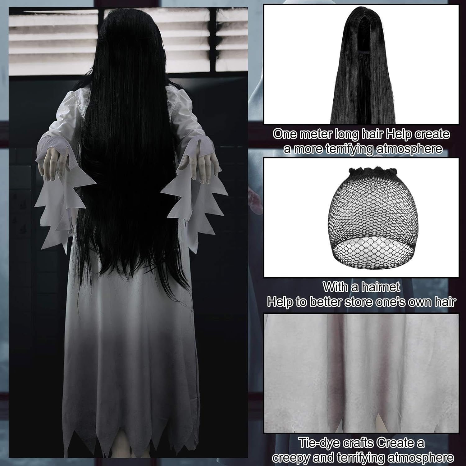 2 Pcs Halloween Women Gossamer Ghost Costume Set White Victorian Vintage Dress Gown Black Wig for Horror Cosplay - Image 4