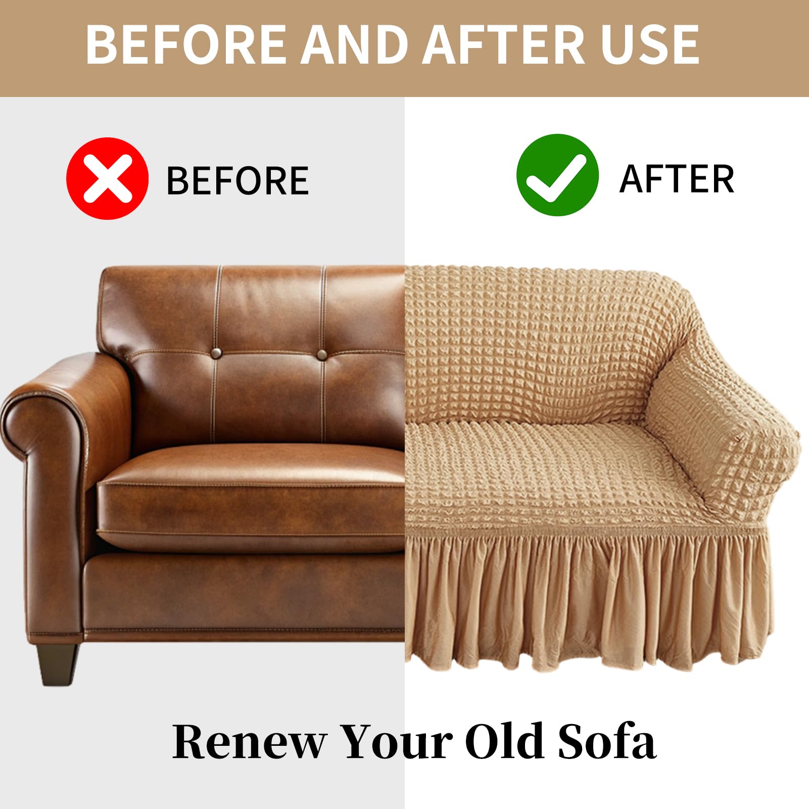 Seersucker-Stretch-Sofabezug mit Rüschenrock, Universeller Sofahusse, Waschbarer Sofaüberwurf, Beige, 4-Sitzer 235-300cm