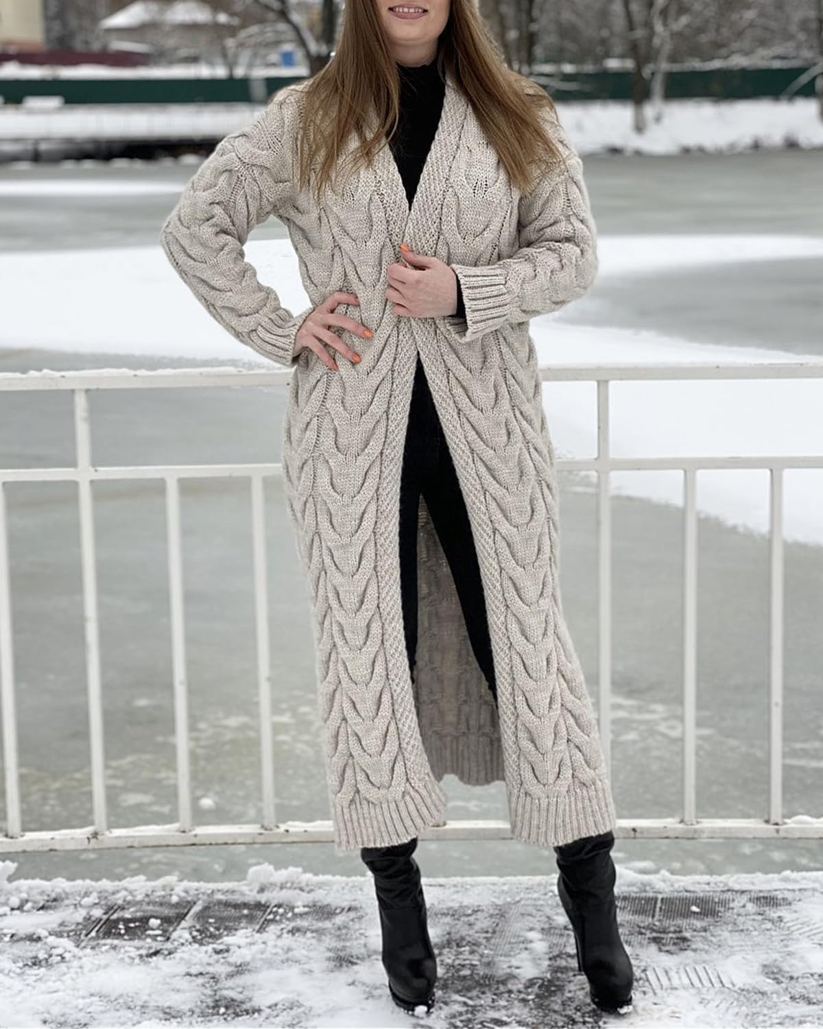 Women Long Sleeve Solid Cable Knit Belted Chunky Maxi Sweater Cardigan Ribbed Longer Length Knitwear Cardigan