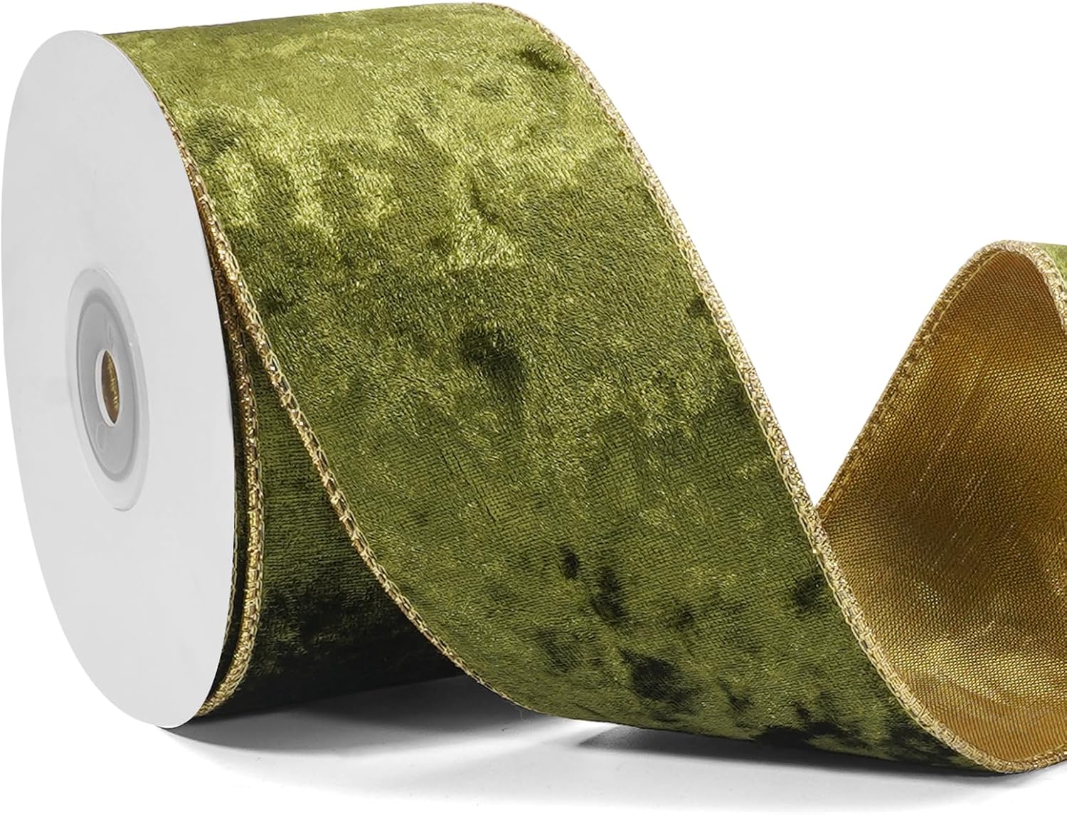 Olive Green Velvet Wired Ribbon, Christmas Ribbon Wired 2.5 inch Wide, 10 Yards Vintage Green and Gold Ribbon for Christmas Tree, Gift Wrapping, Topper Bows Ornaments, Wreaths, Garland, Home Decor