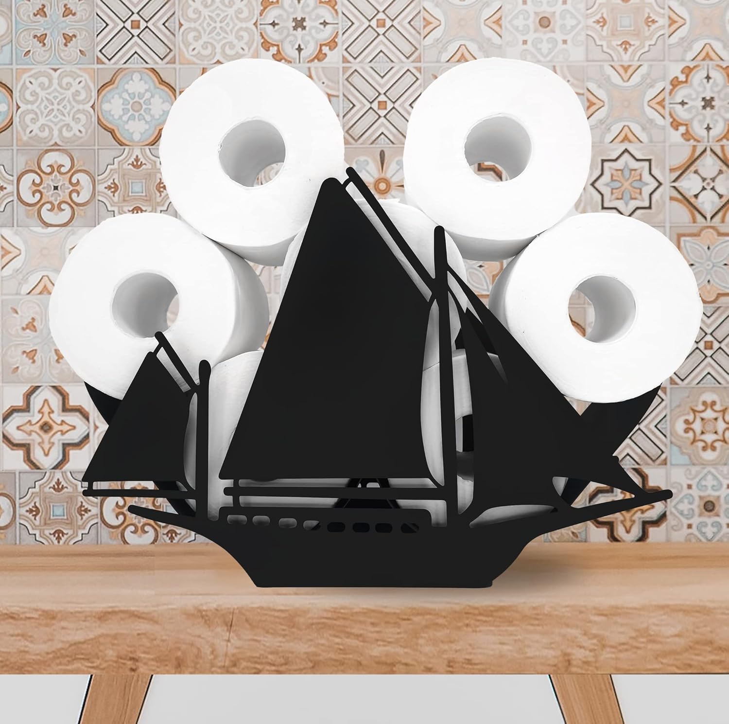 Teaeeno Sailboat Toilet Holder Paper Storage,Animals Storage Paper Holders for Bathroom,Freestanding Metal Animal Toilet Paper Holder Home Decor,Black Metal Toilet Organizer Hold Extra 8 Rolls