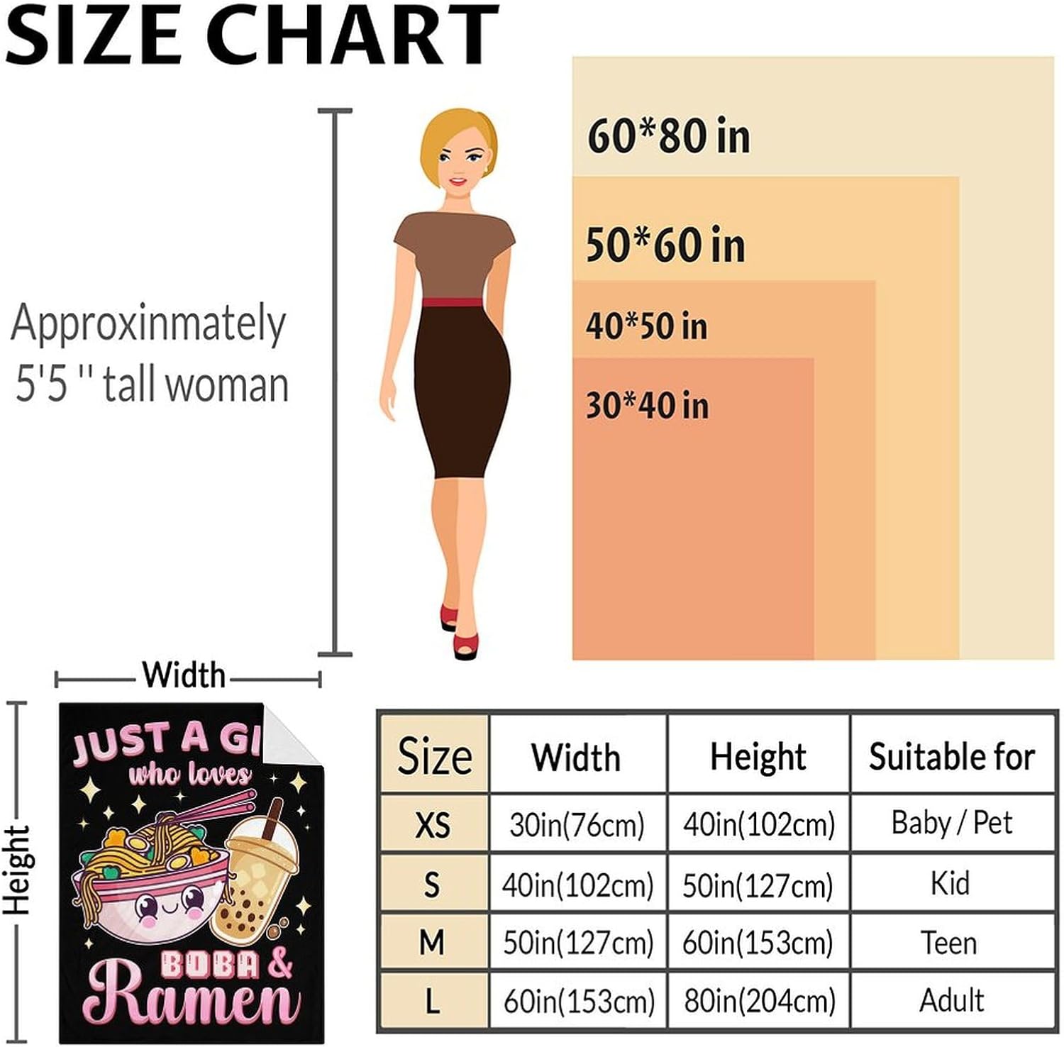 Cute Blanket for Girls - Ramen Throw Blanket Gifts for Kids Ramen Lovers - 40 x 50 Inches Black Soft Flannel Food Blankets for Couch Sofa Chair Bed - Image 3