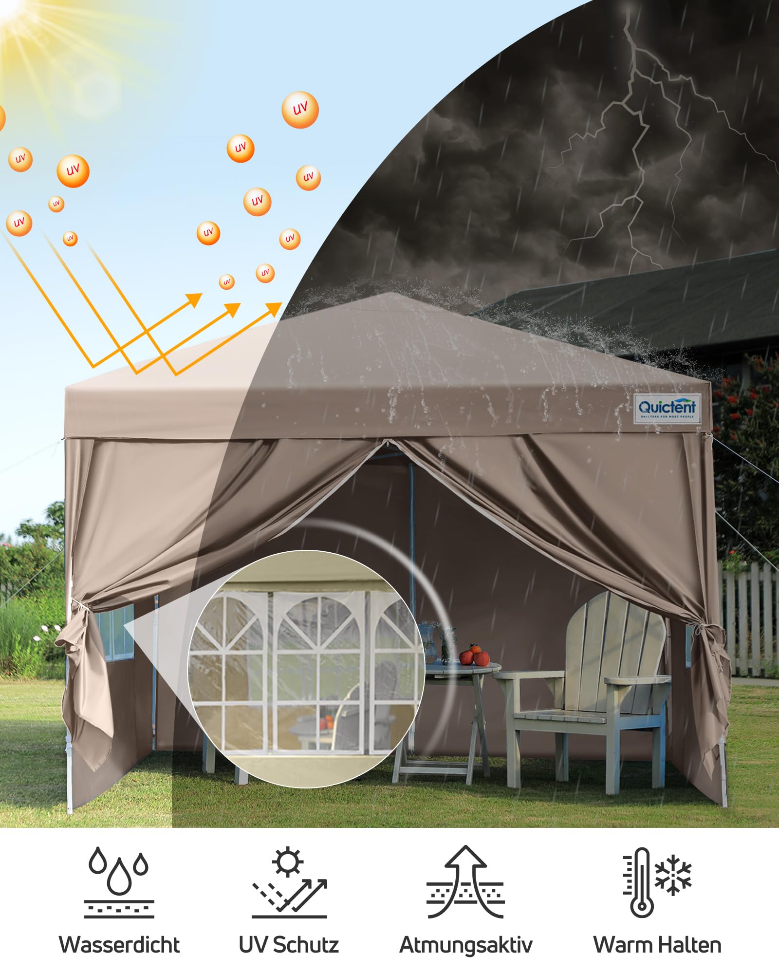 Quictent Pavillon 3x3m Faltpavillon mit 4 Seitenteilen, Wasserdicht Gartenpavillon mit Rolltasche,Partyzelt Gartenzelt für Fest und Flohmarkt, Beige