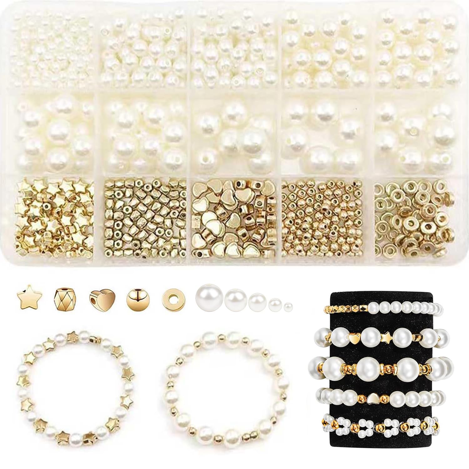 Pearl Beads for Bracelets, 720pcs Ivory Faux Fake Pearls Gold Spacer Beads Bracelet Making Kit with Hole for Adult, Friendship Bracelet Kits, Small Pearl Beads and Gold Beads, Jewelry Making Kit