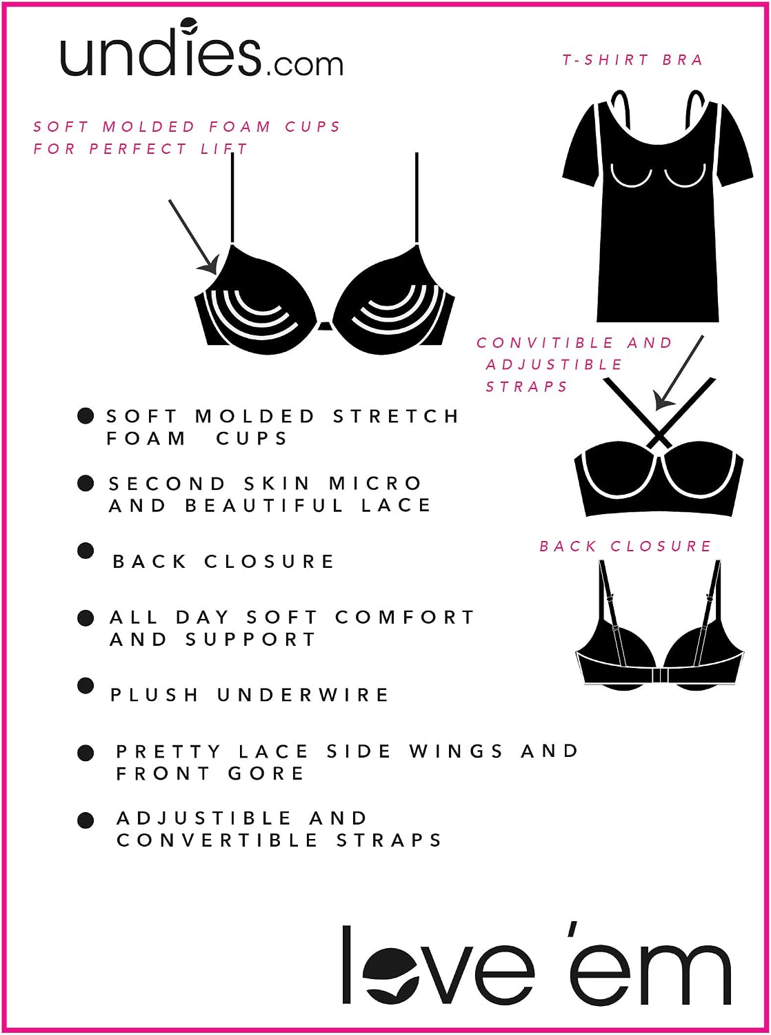 Undies.com Women's Underwire Padded Micro & Lace Convertible Strap Everyday T-Shirt Bra