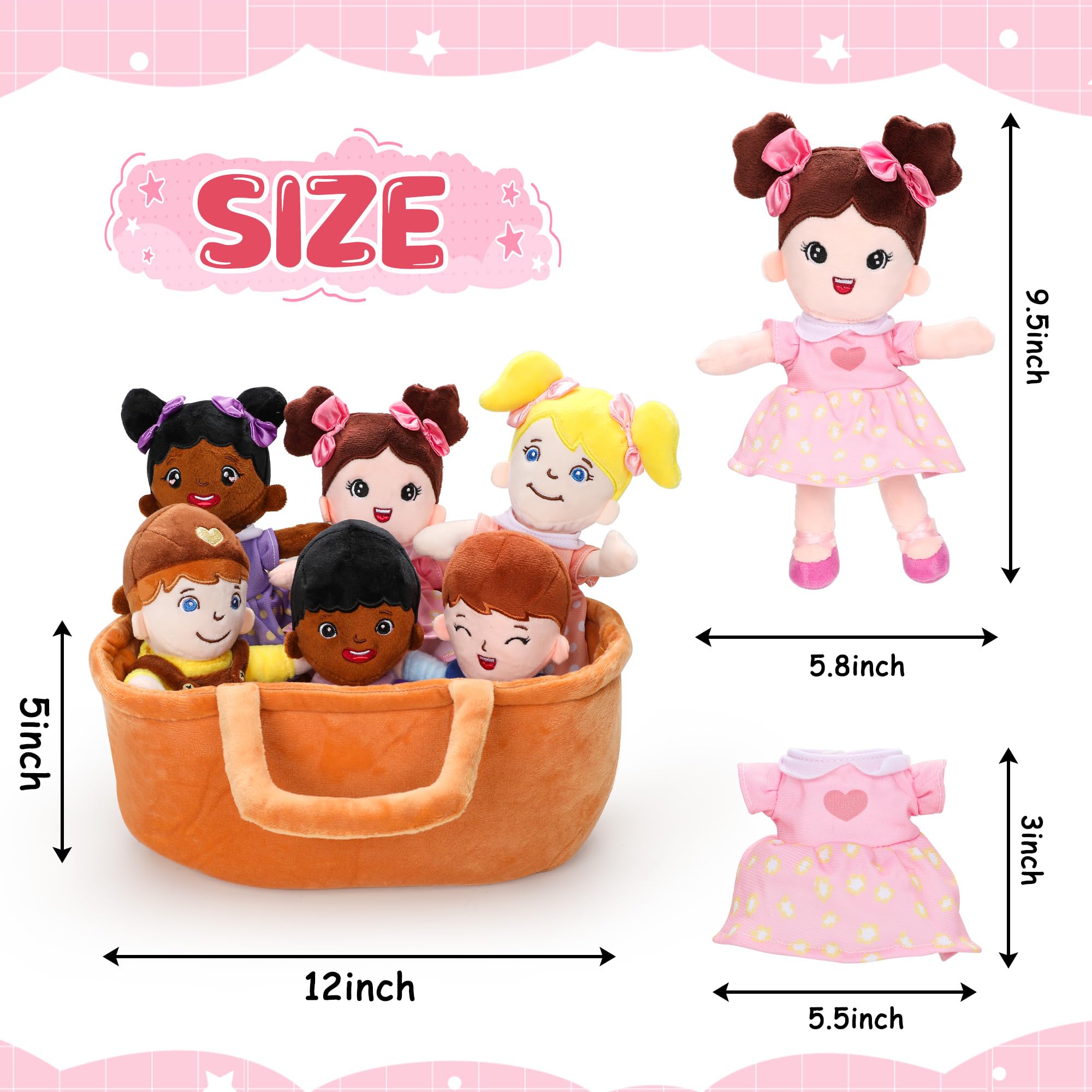 Qpewep Basket of Baby Plush Dolls - 8" Plush Diversity Baby Dolls- 6 Piece Set Interchangeable Clothes Soft Stuffed Plush Figures for All Ages Xmas Gift - Image 2