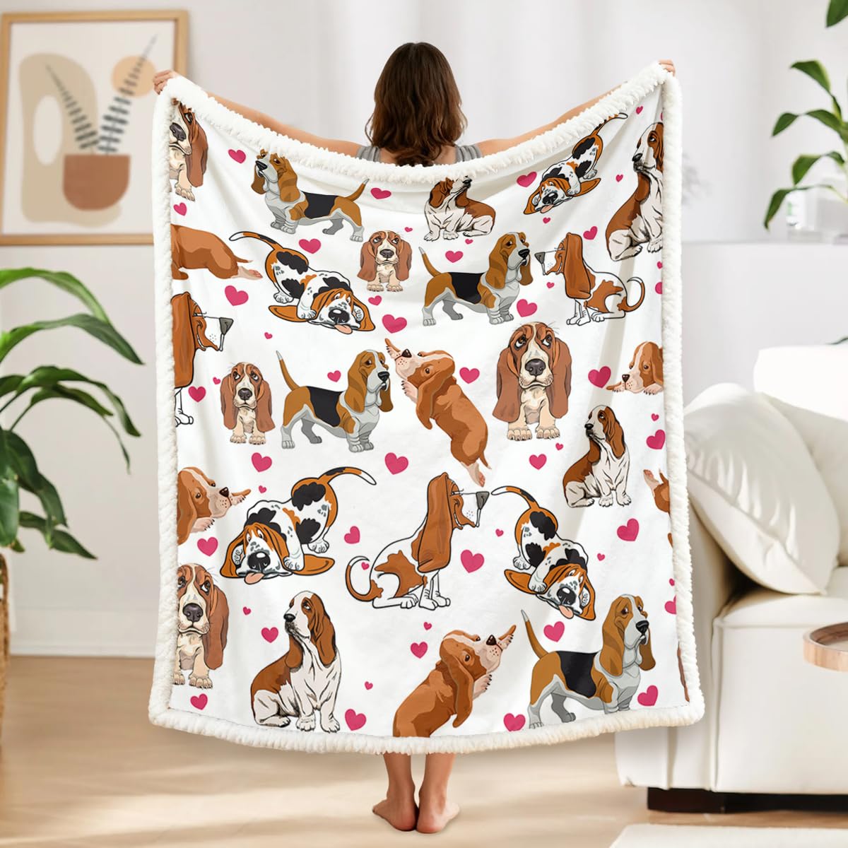 Basset Hound Blanket 50x60 Inches with Red Hearts, 3D Animal Print Plush & Sherpa Dual Sided Throw - Ultra Warm Soft Fleece Blanket for Adults, Kids, Pet Lovers, Cute Dog Gift