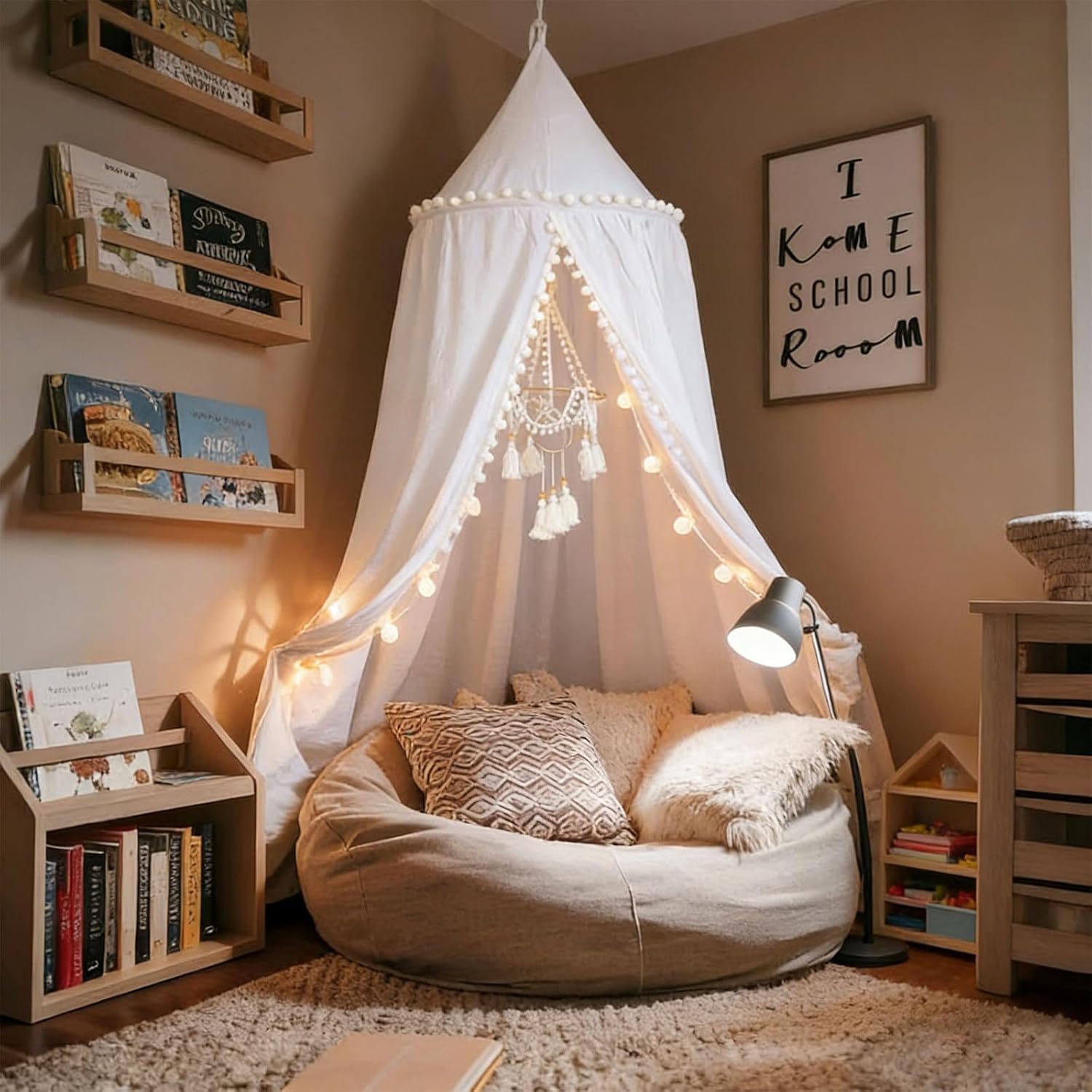 Bed Canopy with Pom Pom Cotton Canopy for Kids Crib Baby Girl Netting Cover Canopy Crib Curtain Reading Nook Hanging Tent Nursery Play Game Castle Room Decoration (White)