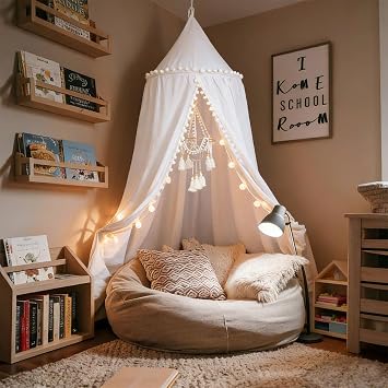 LOAOL Bed Canopy with Pom Pom Cotton Canopy for Kids Crib Baby Girl Netting Cover Canopy Crib Curtain Reading Nook Hanging Tent Nursery Play Game Castle Room Decoration White