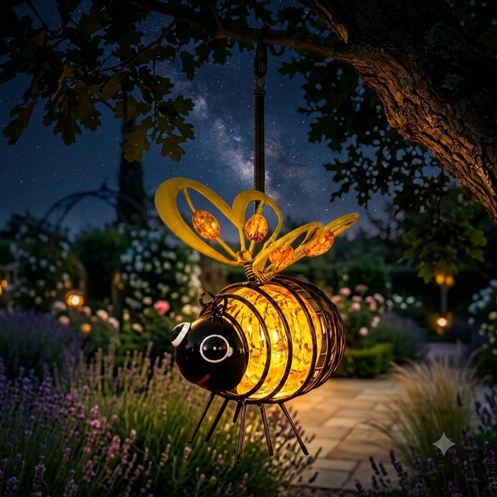 Bee Solar Lights, Solar Bee Lights Outdoor Garden, Solar Glow Bee Lantern, Hanging Metal Bees Lanterns Painted Iron Art Crafts, Waterproof Solar-Powered Bee Light for Garden Yard Porch Decoration