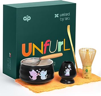 Matcha Gift Set 6 Pcs Ceramic Bowl, Bamboo Whisk, Whisk Holder, Scoop, Sifter & Cloth Traditional Japanese Set for Green Tea by Aprika Matcha Black with Cats