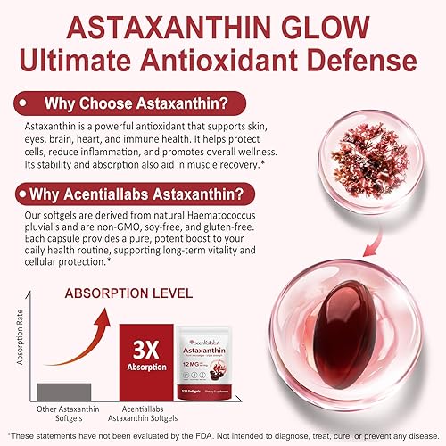 Miniatura 6 de Premium Astaxantina 12 mg, 120 cápsulas blandas Suplemento antioxidante natural para ojos, articulaciones y salud de la piel, fuente de microalgas