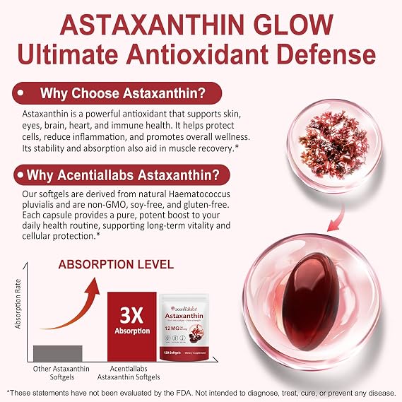 2 Pack Premium Astaxanthin 12mg,120 Softgels | Natural Antioxidant Supplement for Eye, Joint, Skin Health,Microalgae Source | 4 Month Supply | Supports Internal Circulation & Natural Tanning,Non-GMO