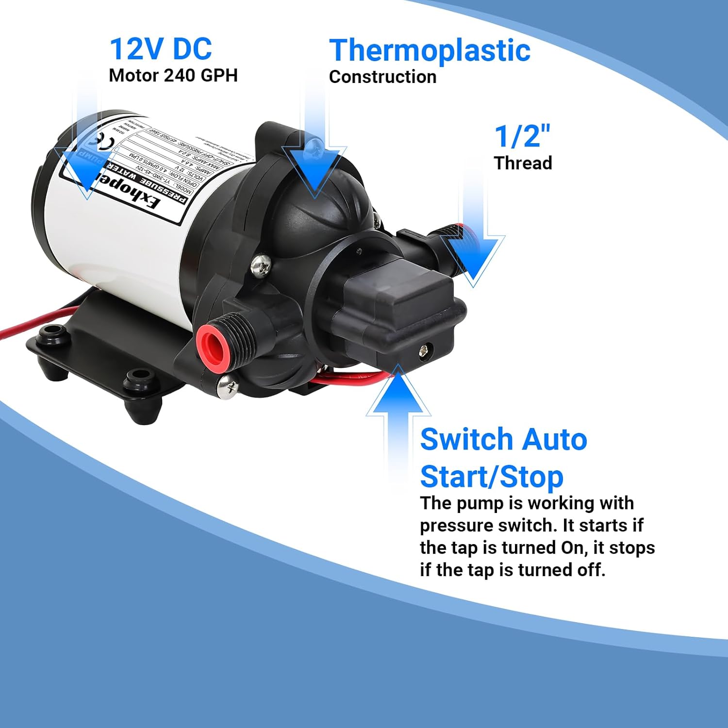 RV Water Pump, 12V DC Water Pressure Pump with Pressure Switch, Self Priming Diaphragm 4.0 GPM 45 PSI, for RV Marine Yacht Lawn Garden