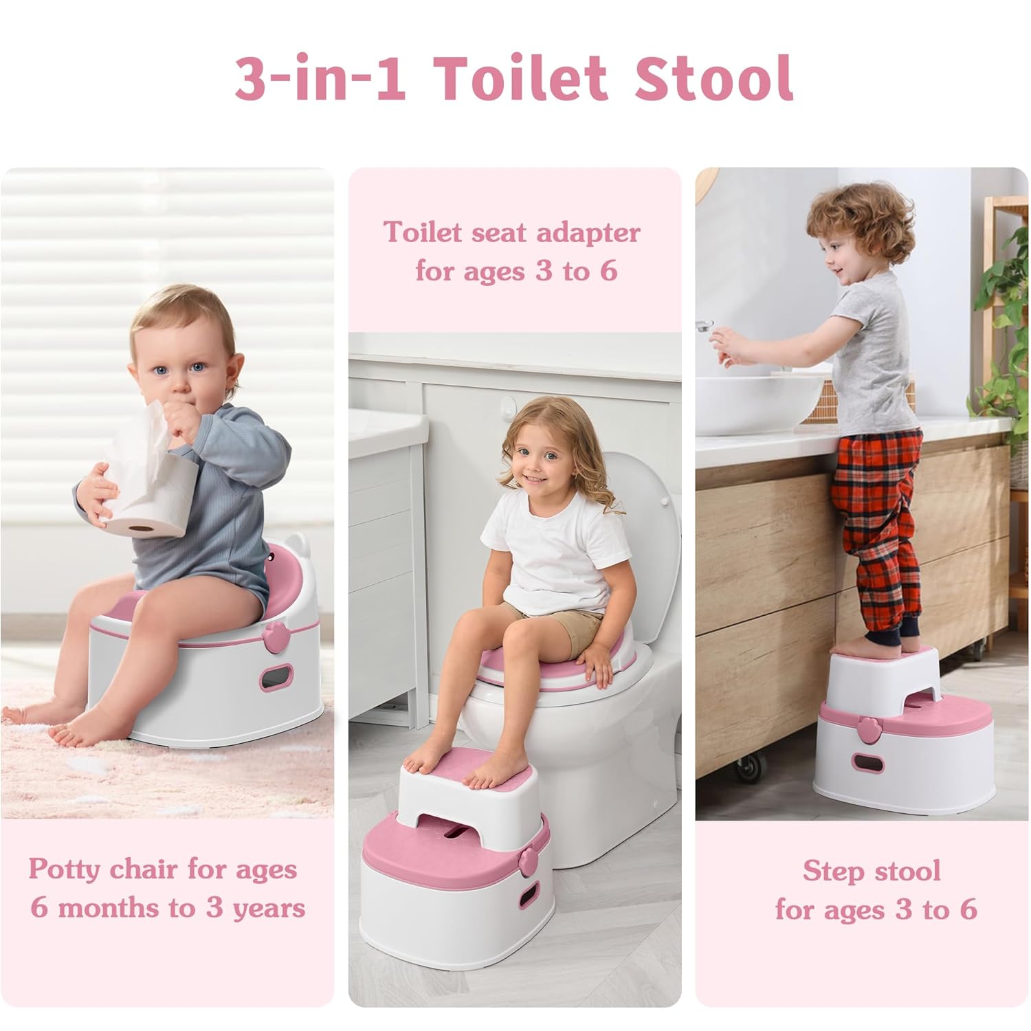 3-in-1 Potty Training Toilet, Portable Potty, Potty Training Seat and Toddler Step Stool, Easy Setup and Clean, Anti-Slip Toddler Potty Trainer for Boy Girl,Pink