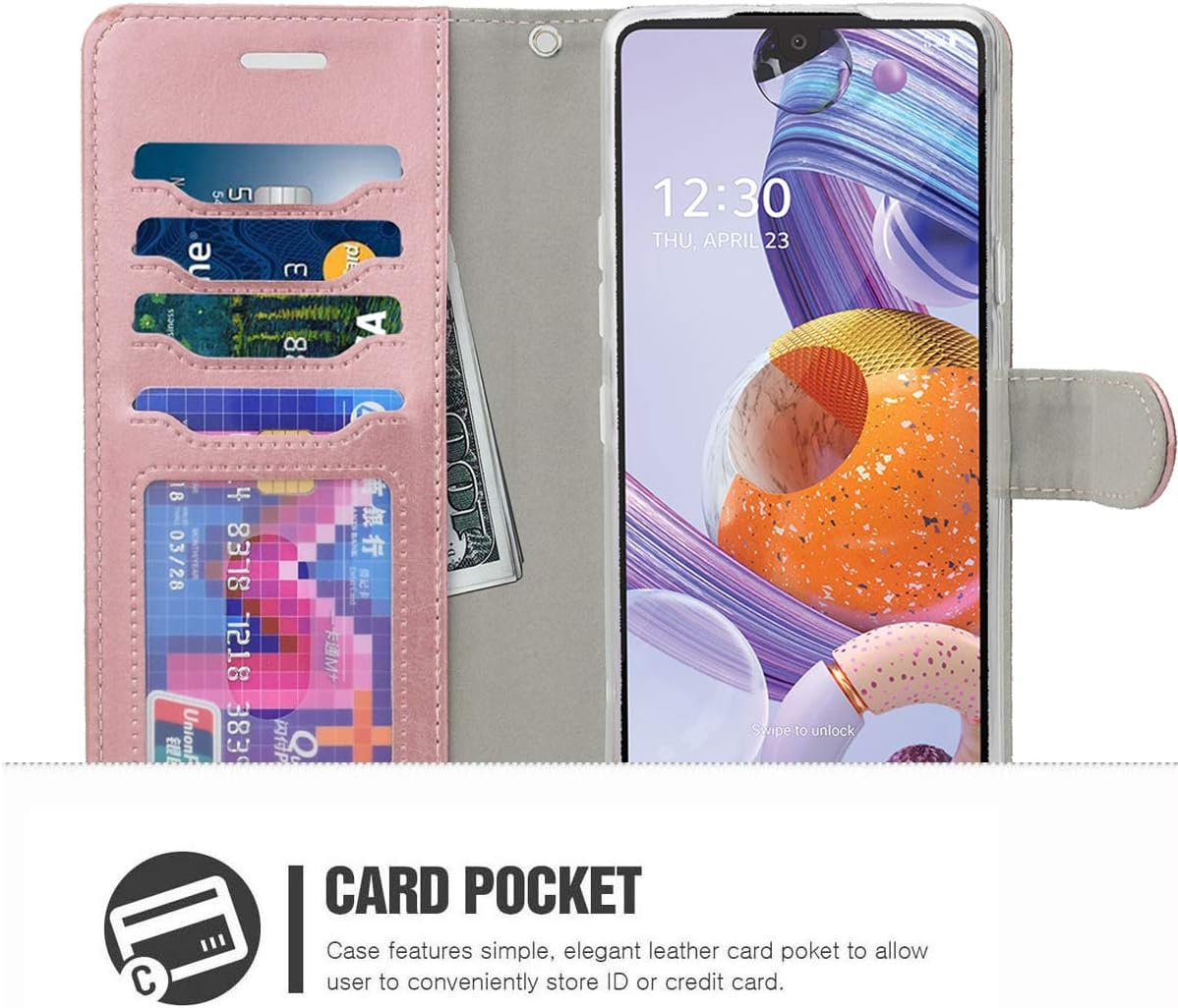 ERAGLOW for LG Stylo 6 Case, PU Leather Wallet Case Flip Protective Phone Cover [Stand Feature] with Wrist Strap and [4-Slots] ID&Credit Cards Pocket for LG Stylo 6 2020(Rose Gold)