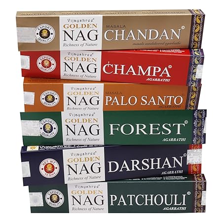 Vijayshree Golden Incense Stick/Agarbatti 6-in-1 Pack (Nag Champa, Nag Chandan, Nag Forest, Nag Darshan, Nag Patchouli and Nag Palo Santo , 6 Pack of 15 Sticks Each)