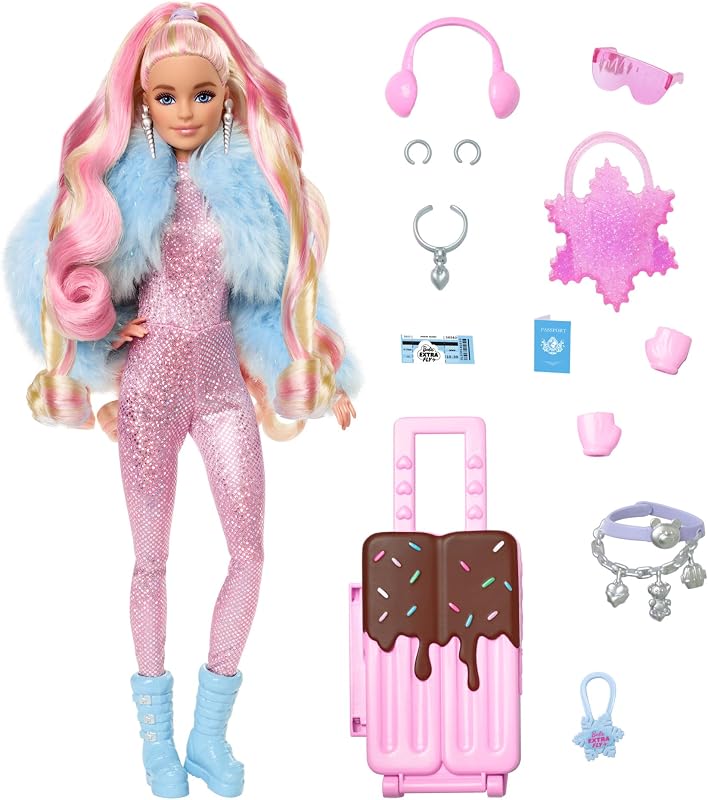 Muñeca Barbie Extra Fly con ropa y accesorios de viaje con temática de nieve, mono rosa brillante y abrigo de piel sintética