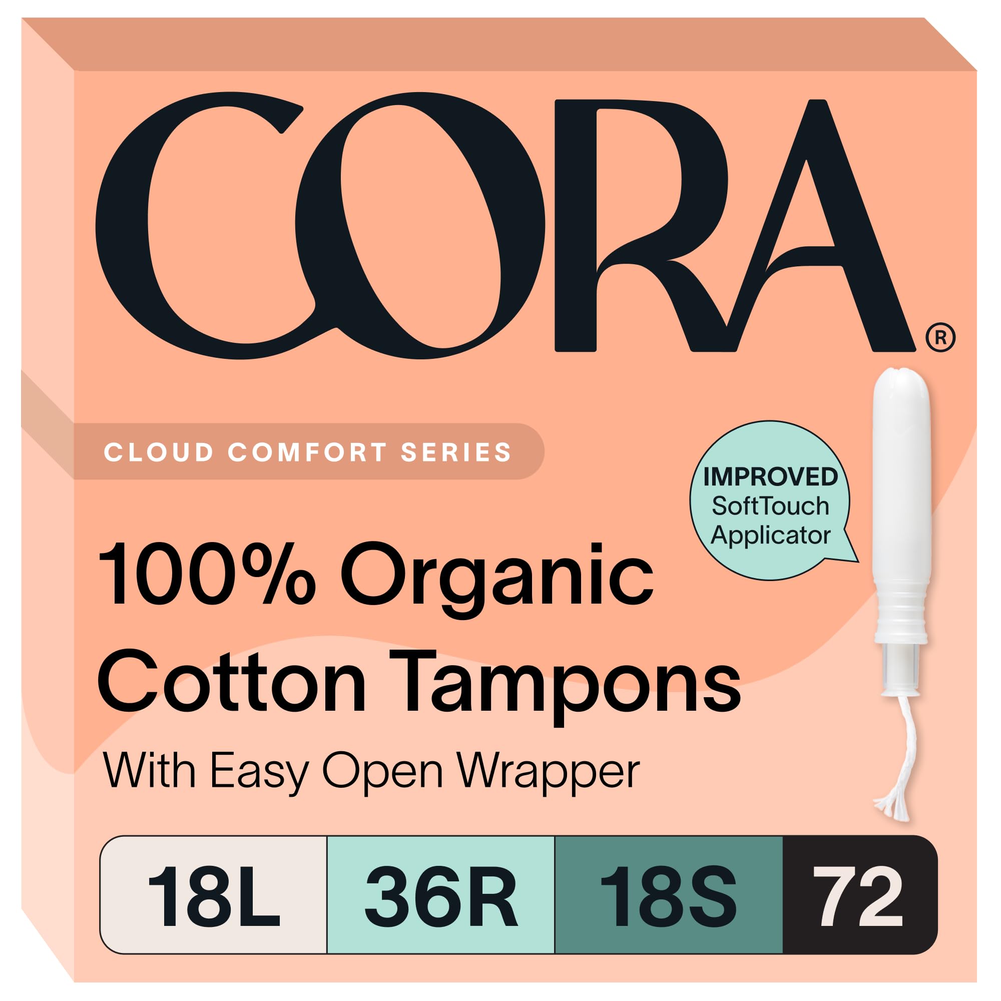 Cora 100% Organic Cotton Tampons Multipack (72 Light/Regular/Super Tampons)