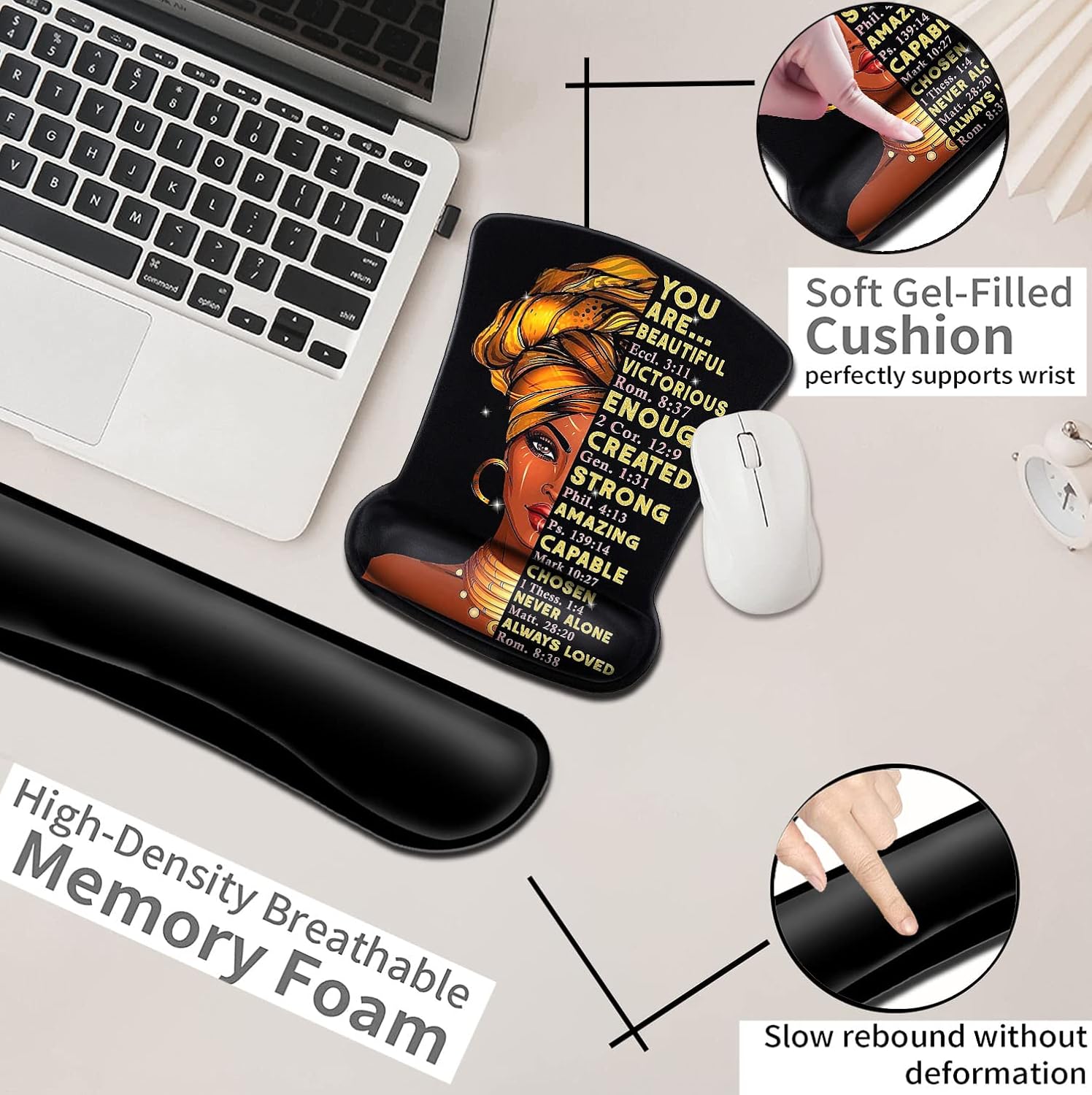 Black Mouse Pad with Stitched Edge, Non-Slip Rubber Base, African American Wall Art Black Woman Queen Pattern，Office Accessories Desk Decor for Computers, Mouse Pad and Keyboard Wrist Guard Set