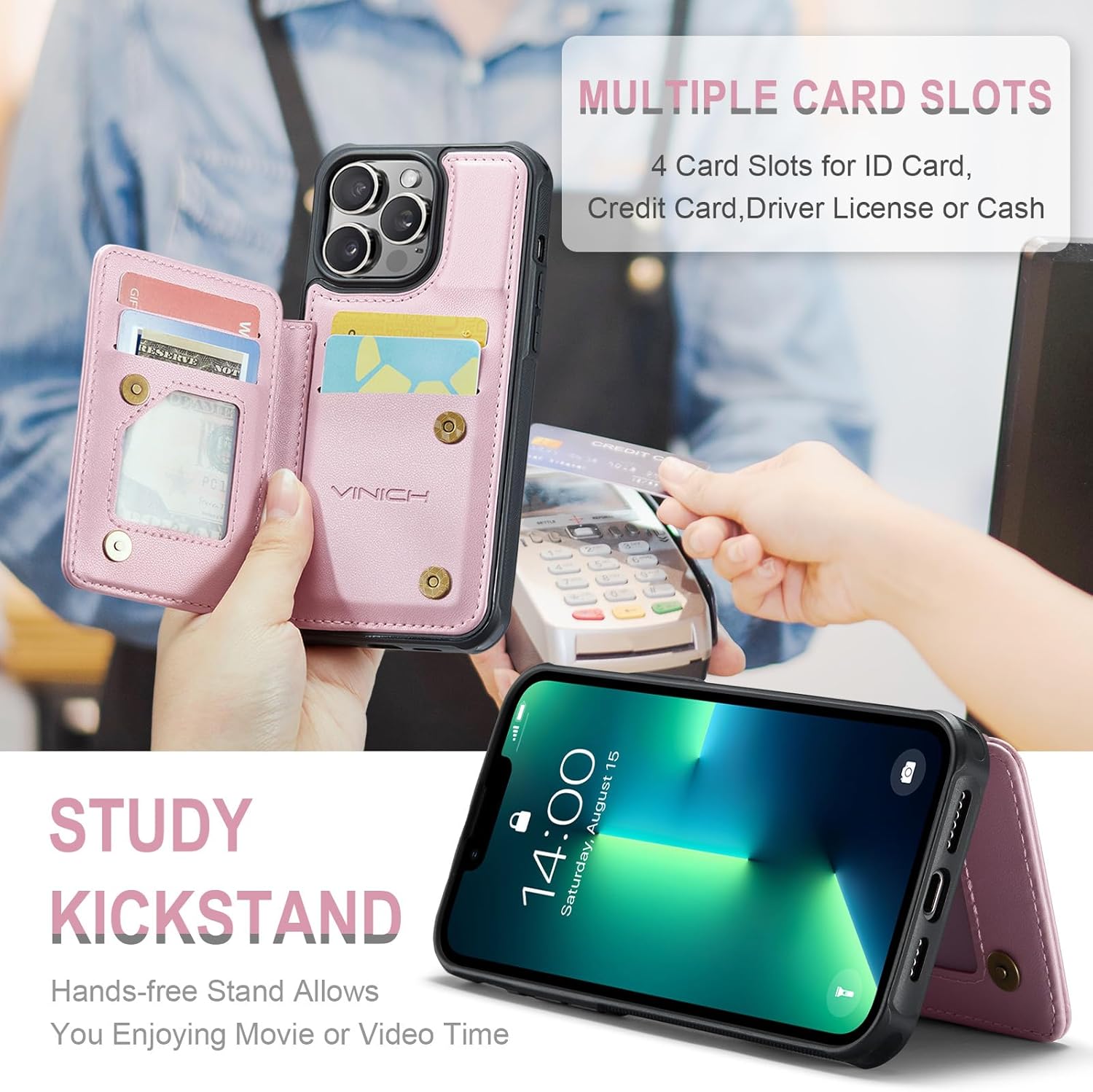 Vinich for iPhone 13 Pro Wallet Case with Card Holder, RFID Blocking Credit Slots Kickstand Shockproof Phone Cover Fit for iPhone 13 Pro 6.1 Rose Gold