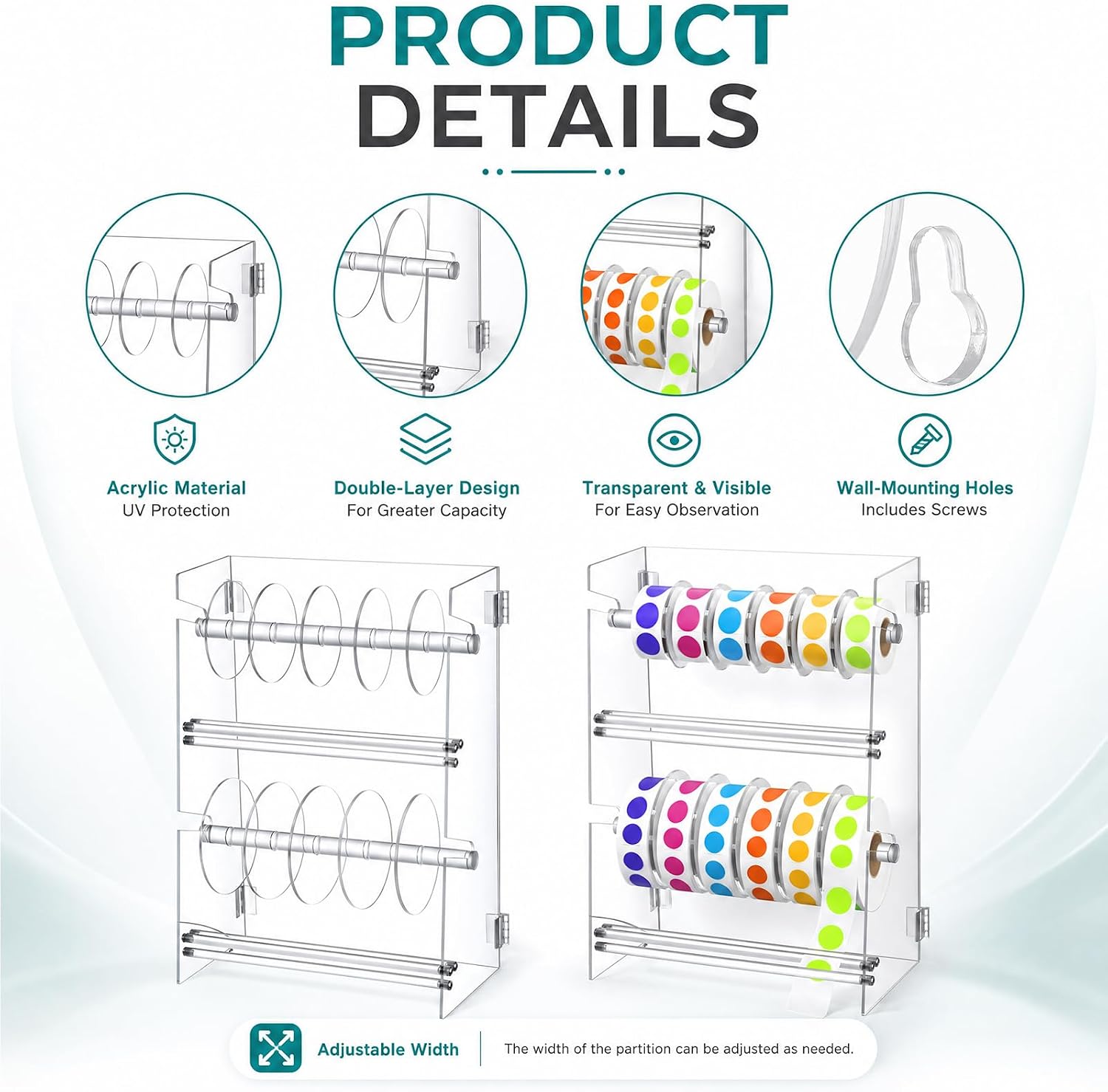 Double Layer Acrylic Sticker Dispenser for 12 Rolls, Desk Organizer