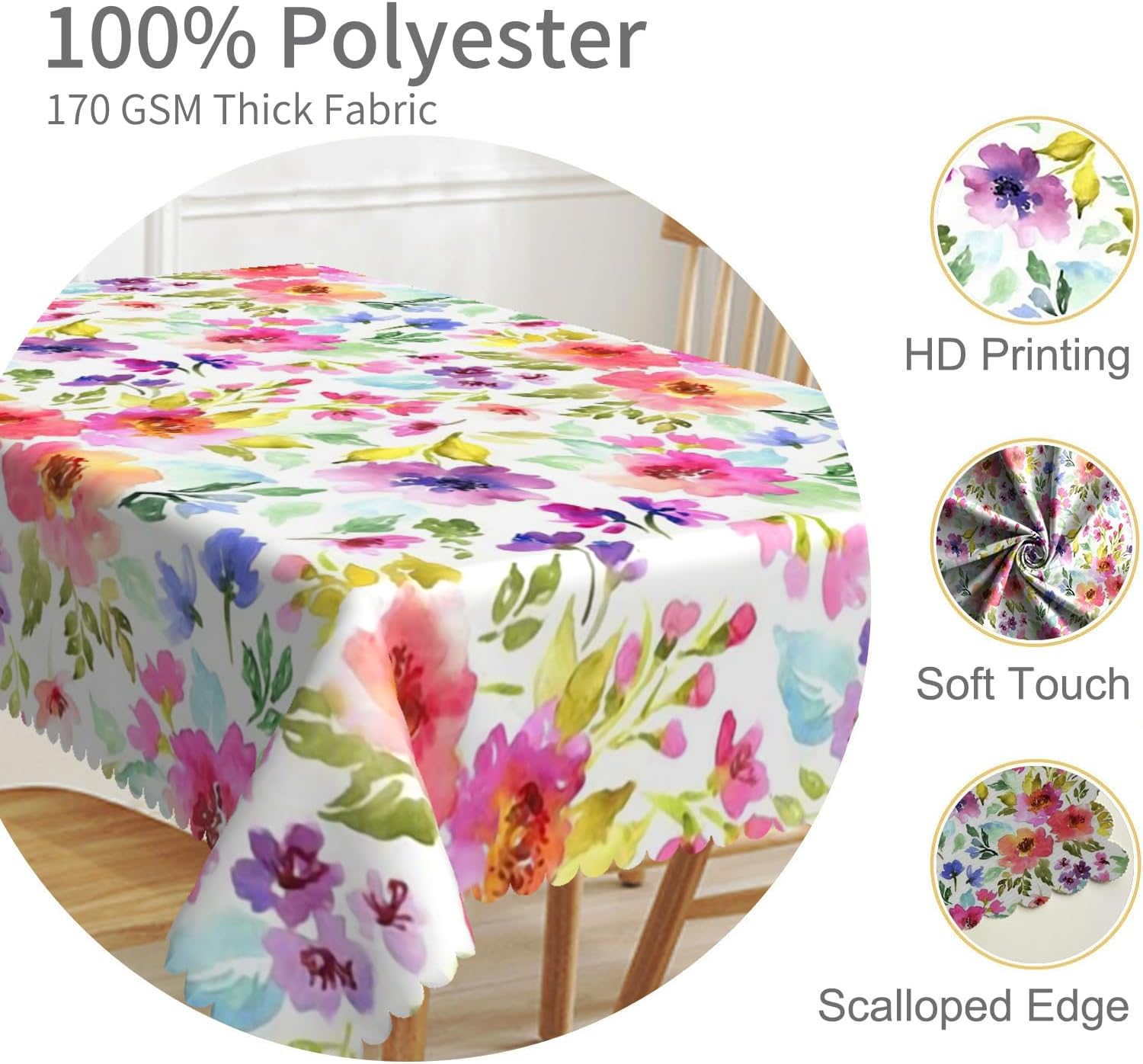 60x102inches Spring Floral Rectangle Tablecloth Colorful Watercolor Flowers with Leaves Printed Table Clothes Cover for Dining Room Kitchen Home Decor Patio Garden Picnic Indoor Outdoor Party