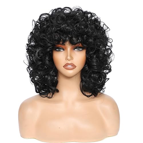 Miniatura 3 de Pelucas Cortas y Rizadas para Mujeres Negras, Peluca Rizada Grande Negra Suave con Flequillo, Rizos Afro Crespos, Resistente al Calor, Peluca