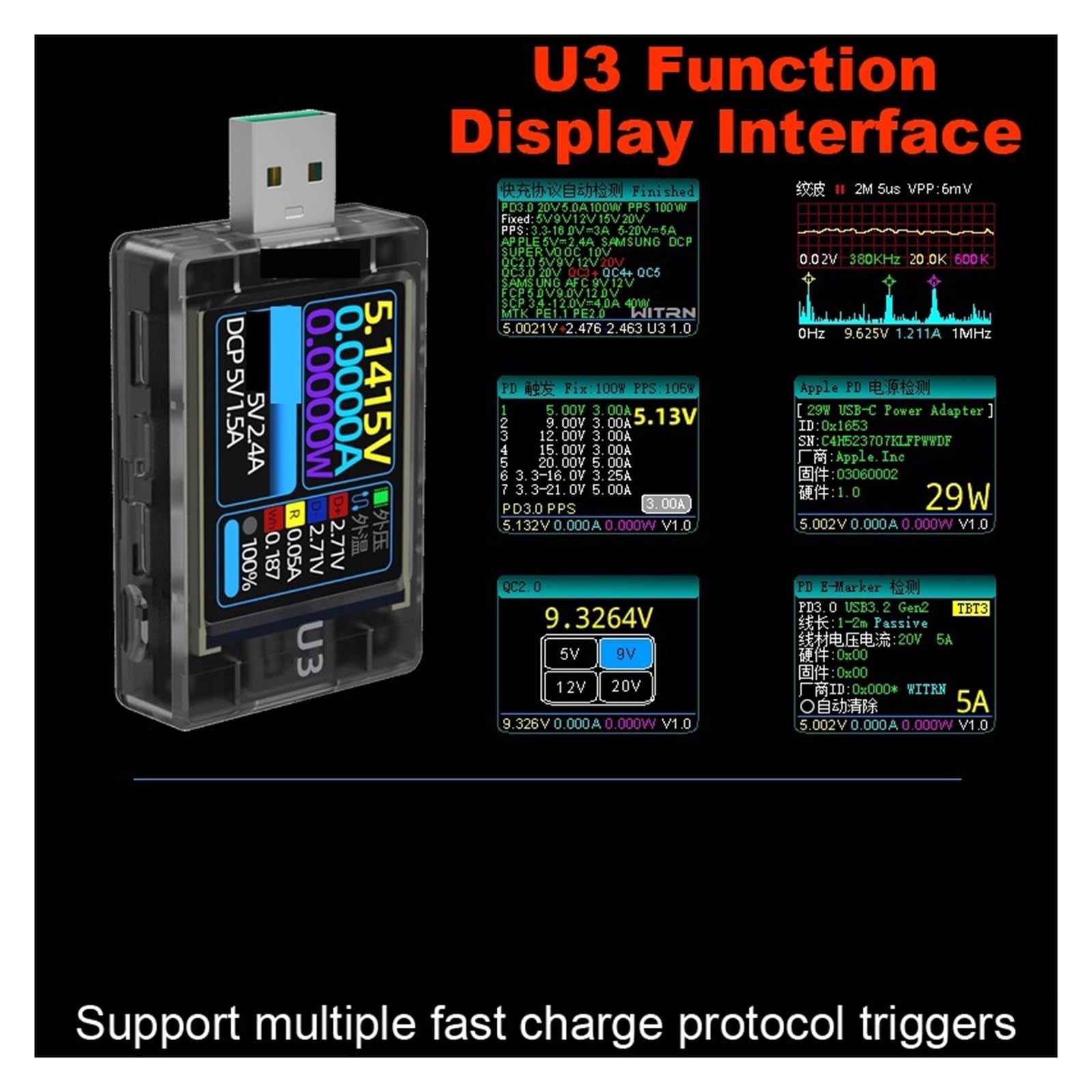 Amperomierz USB, 8A Tester widma tętnienia USB Miernik napięcia prądu QC5 PD3.1 PPS Protokół szybkiego ładowania Monitor wydajności wyzwalania