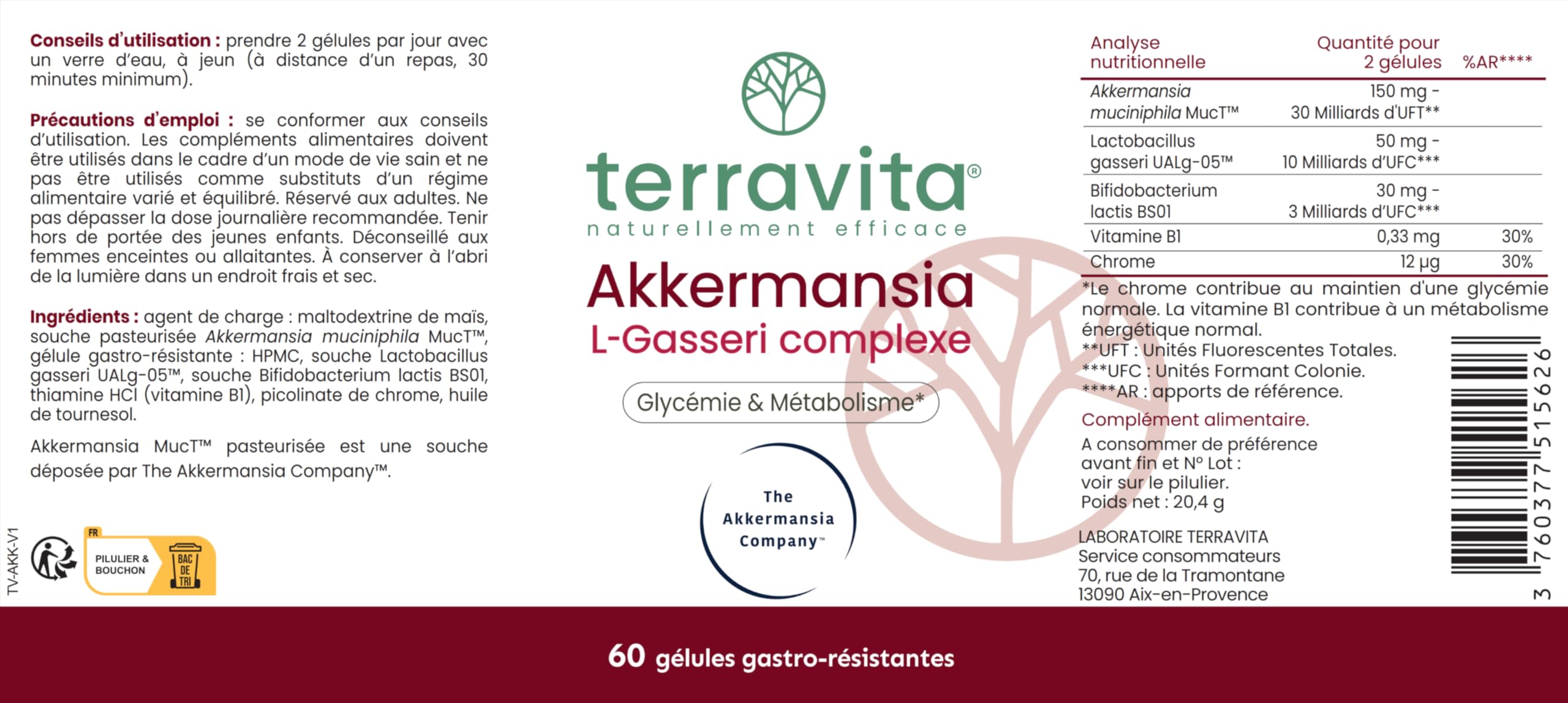 Akkermansia MucT® 30 Milliards + L. Gasseri 10 Milliards | Avec Vitamine B1 et Chrome | Régulation Glycémie + Digestion + Satiété | 60 Gélules | Made in France | Terravita