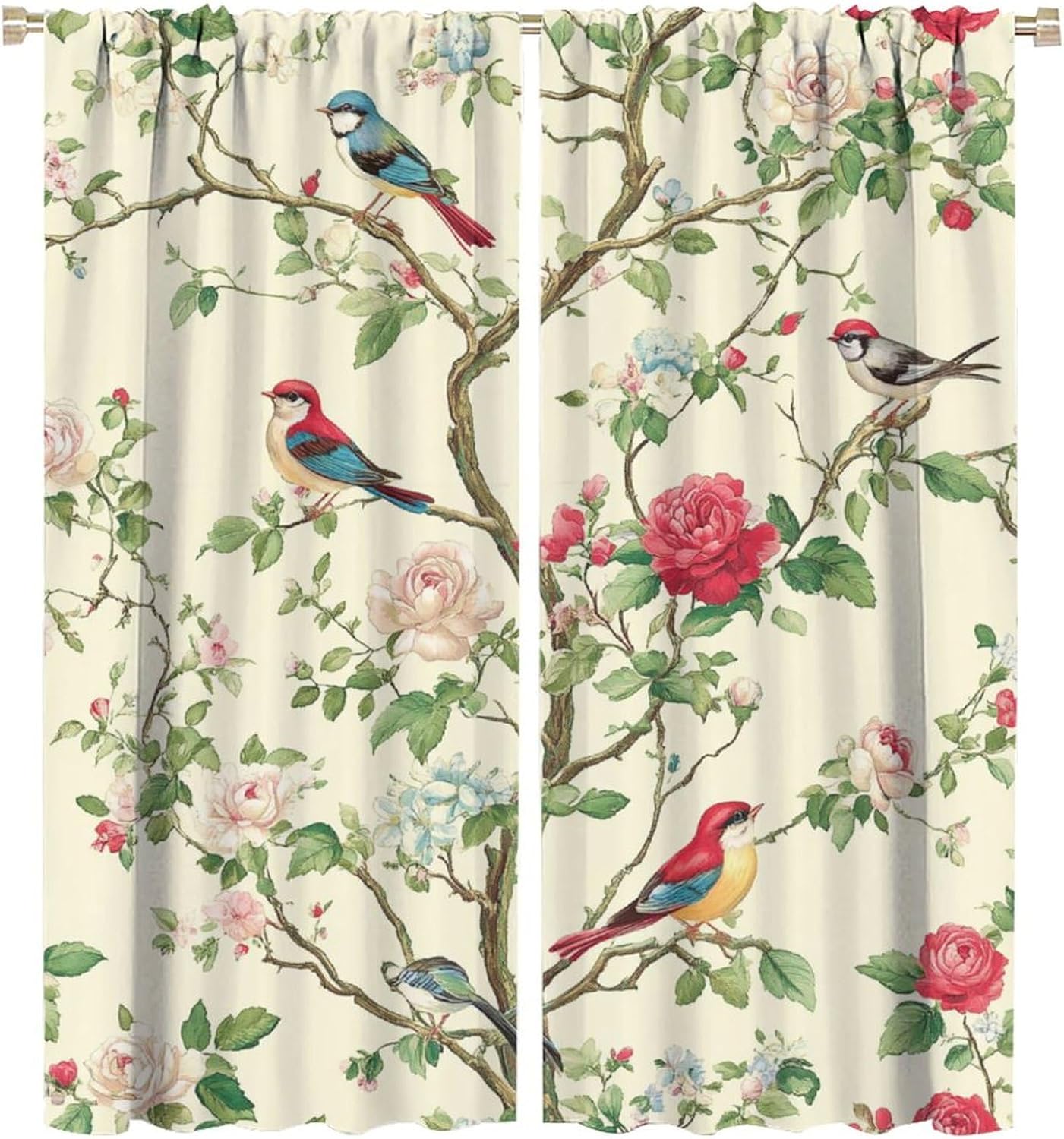 Beautiful Flower Bird Blackout Curtains for Bedroom Living Room, Rod Pocket Watercolor Plant Curtains Thermal Insulated Window Drapes 2 Panels, Each 21W x 45L