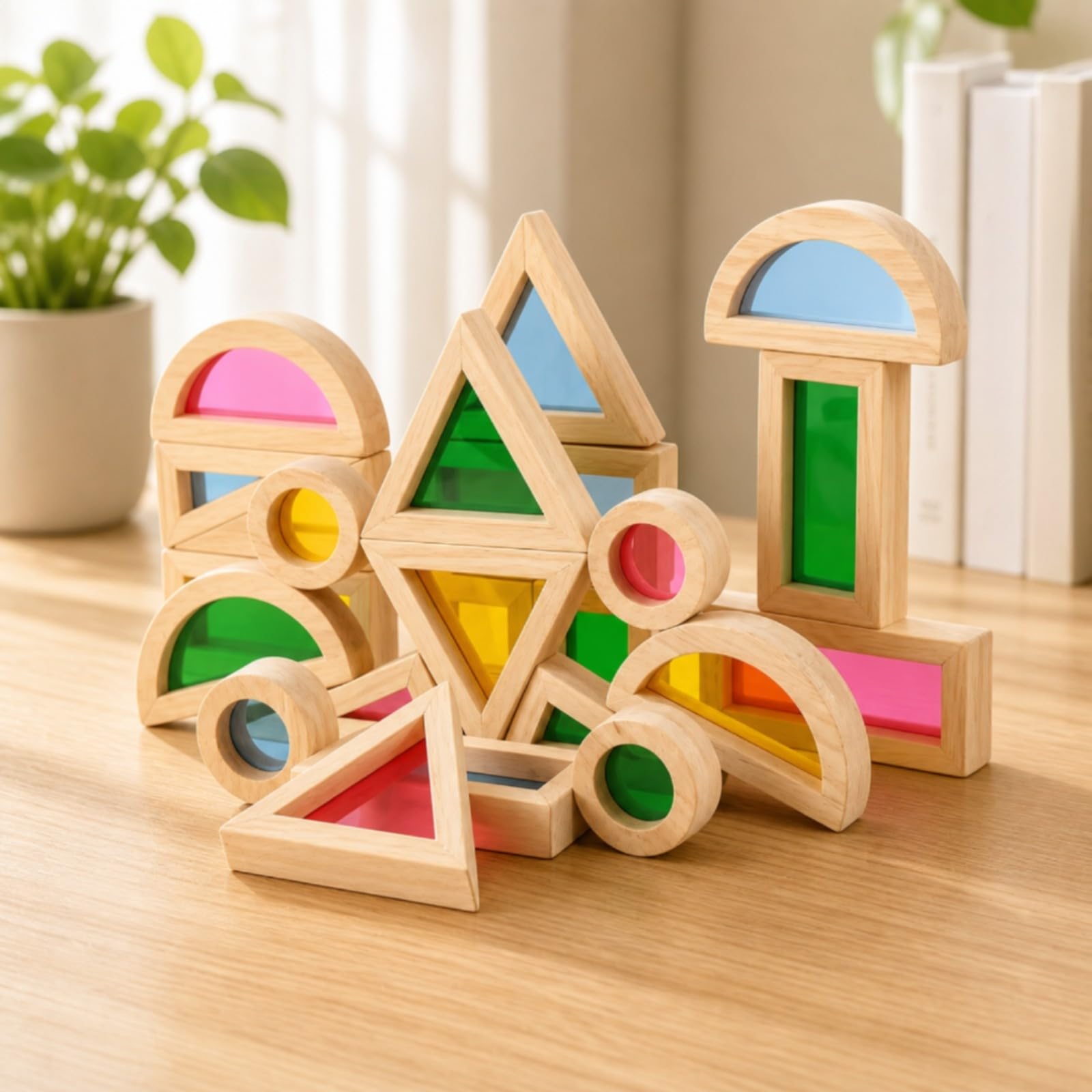Blocchi da Costruzione in Legno Colorato | Sensoriale, Costruzioni in Legno con Inserti Colorati, Traslucido, per Scuola Dell'infanzia, Area Giochi, Bambini, Neonati, Stile A