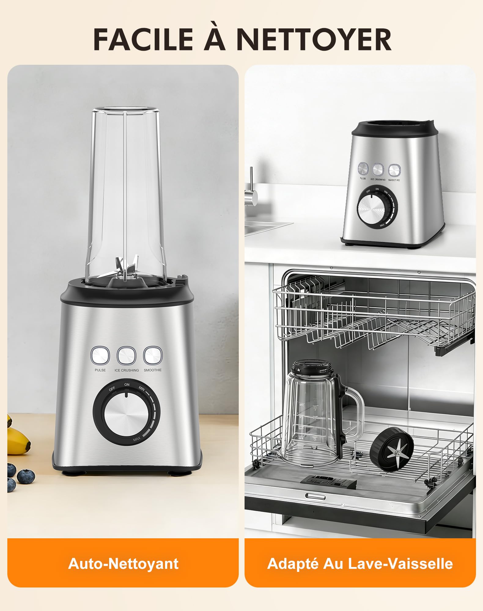Blender Mixeur 1000W, Blender Smoothie Haute Vitesse avec Bol verre 1,5 L & Tasse 600ml, 3 Modes et Vitesse Infinie, 24000 tr/min, Inox, Pour Glace Pilée, Smoothies, Jus, Shakes (Blender-01)