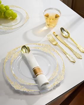 Goodluck 350 Piece Clear Gold Plastic Dinnerware Set for 50 Guests | Includes: 100 Gold Rim Plastic Plates, 150 Silverwares, 50 Pre Rolled Napkins, 50 Cups for Party, Wedding