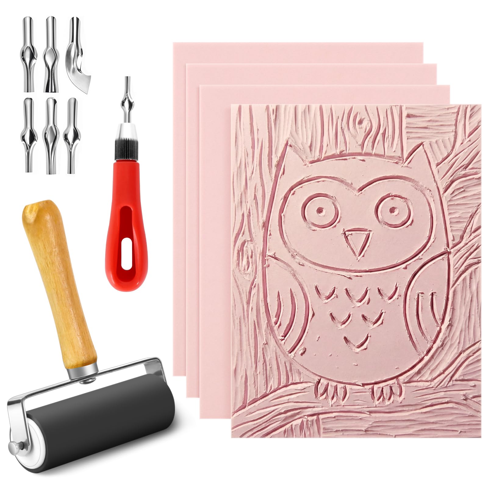 4 Pack Pink Rubber Stamp Carving Blocks 8"x6" (0.8cm Thick) with Tools Kit - Soft Linoleum Blocks for DIY Craft Projects, Stamp Making Supplies for Artists & Beginners