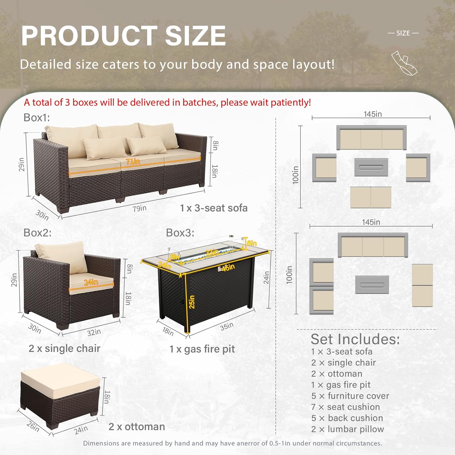 Patio Furniture Set 6-Piece Outdoor Furniture Set with 45'' Propane Gas Fire Pit Table Outdoor Conversation Set Wicker Sofa Set Non-Slip Cushions Waterproof Covers, Khaki