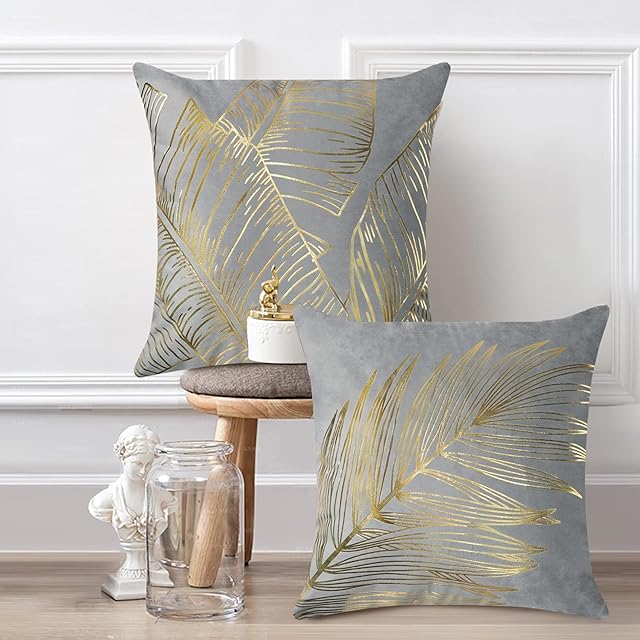 Bonhause Gold Leaves Cushion Covers 18 x 18 Inch Set of 2 Gold Foil Printing Decorative Throw Pillow Covers Grey Velvet Pillowcases for Sofa Couch Car Bedroom Indoor Outdoor Decor, 45cm x 45cm