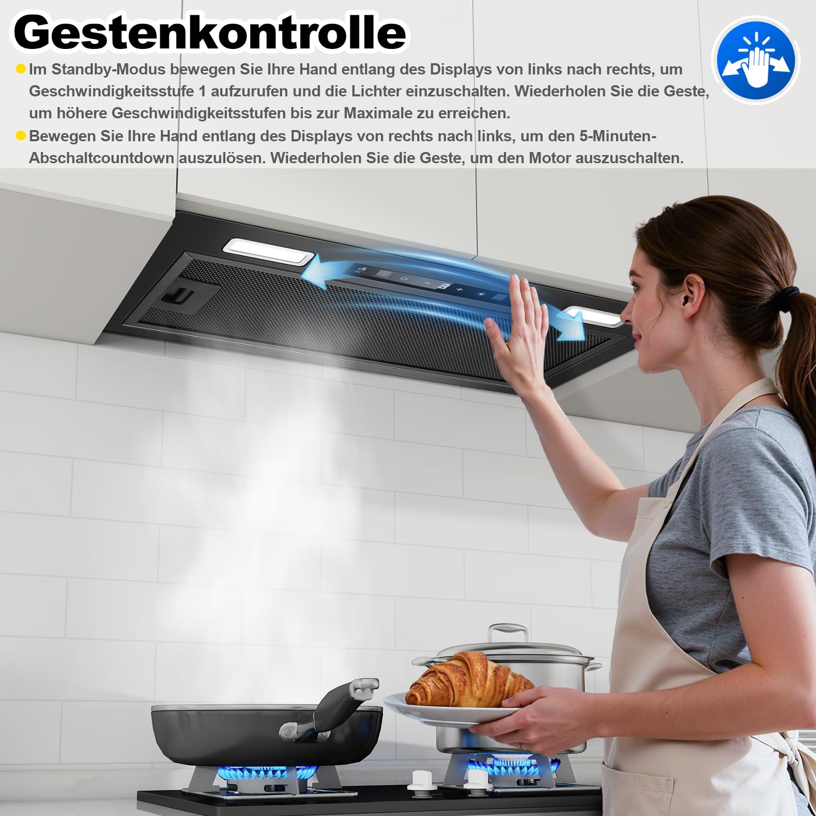 Einbau Dunstabzugshaube 52cm 750m³/h Abluft/Umluft Schwarz Gestensteuerung Touch 3 Leistungsstufen Booster Aktivkohlefilter