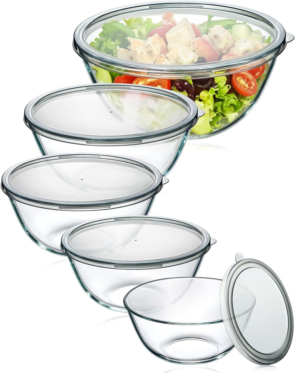 Glass Mixing Bowls with Lids Set of 5(4.78QT,2.2QT,1.7QT,1.1QT,0.85QT),Thick Glass Nesting Bowls for Kitchen Baking,Cooking Prep,Storage,Serving,Large Salad Bowls,Dishwasher Microwave Freezer Safe - Thumbnail 3