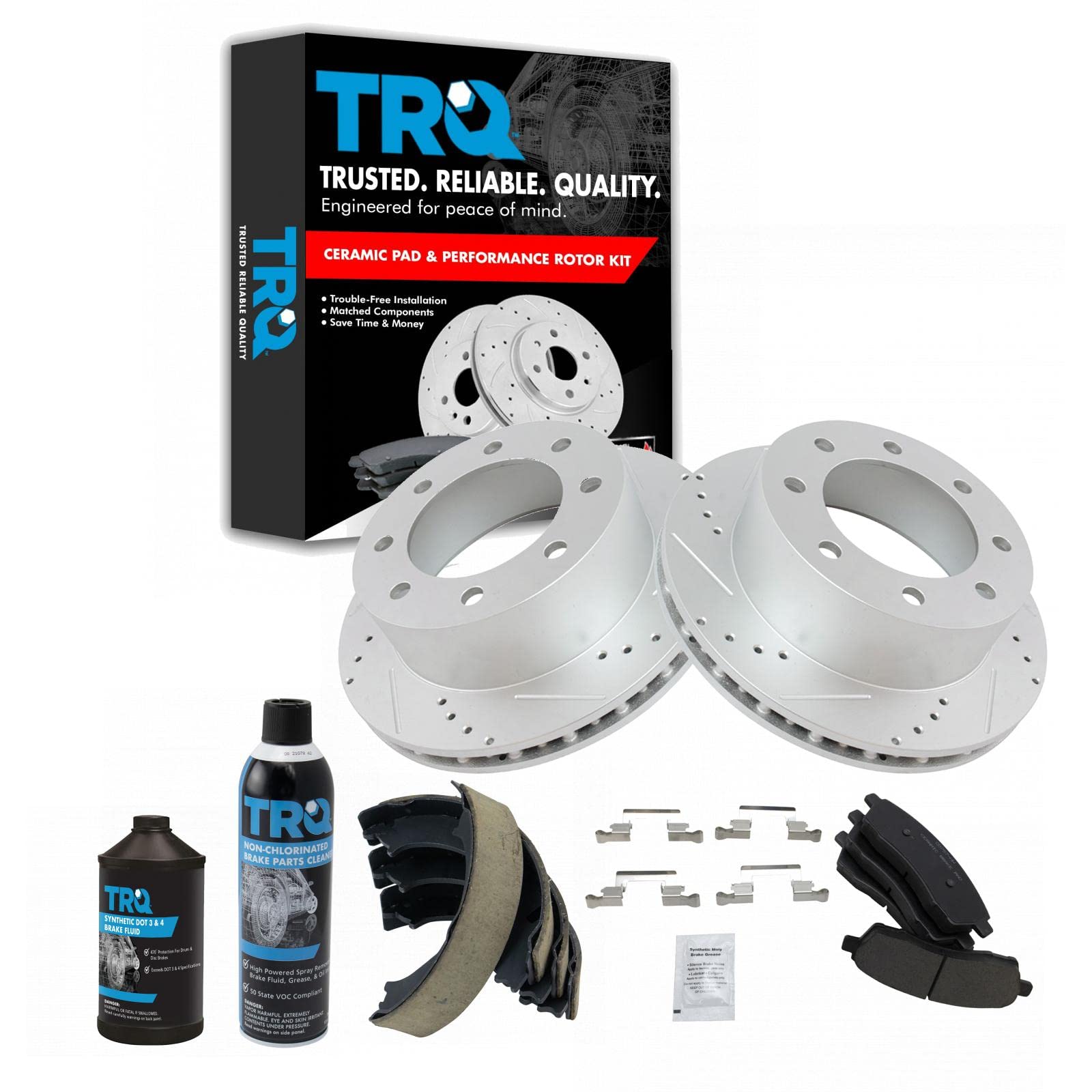 TRQ Performance Rear Brake Pad &amp; Rotor Kit Premium G-Coated Slotted X Drilled Ceramic Compatible with 2000-2005 Ford Excursion 1999-2004 F-250 Super Duty F-350 Super Duty