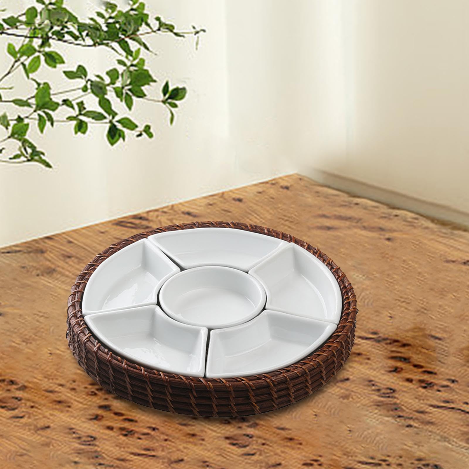 Bandeja Dividida para Snacks con Compartimentos Desmontables Plato de Aperitivos para Frutas Bandeja de Rattan y Diseño Pastoral Adecuada, Marrón