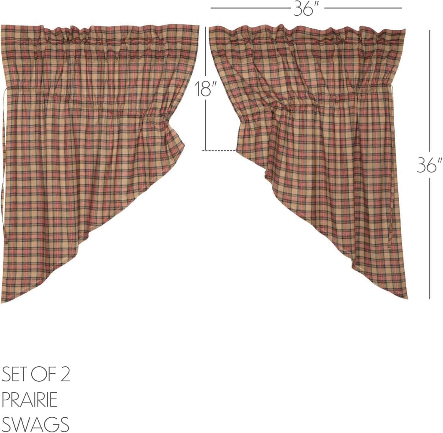 VHC Brands Crosswoods Plaid Cotton Primitive Kitchen Curtains Rod Pocket Drawstring Ties Prairie Swag Pair, Natural Tan