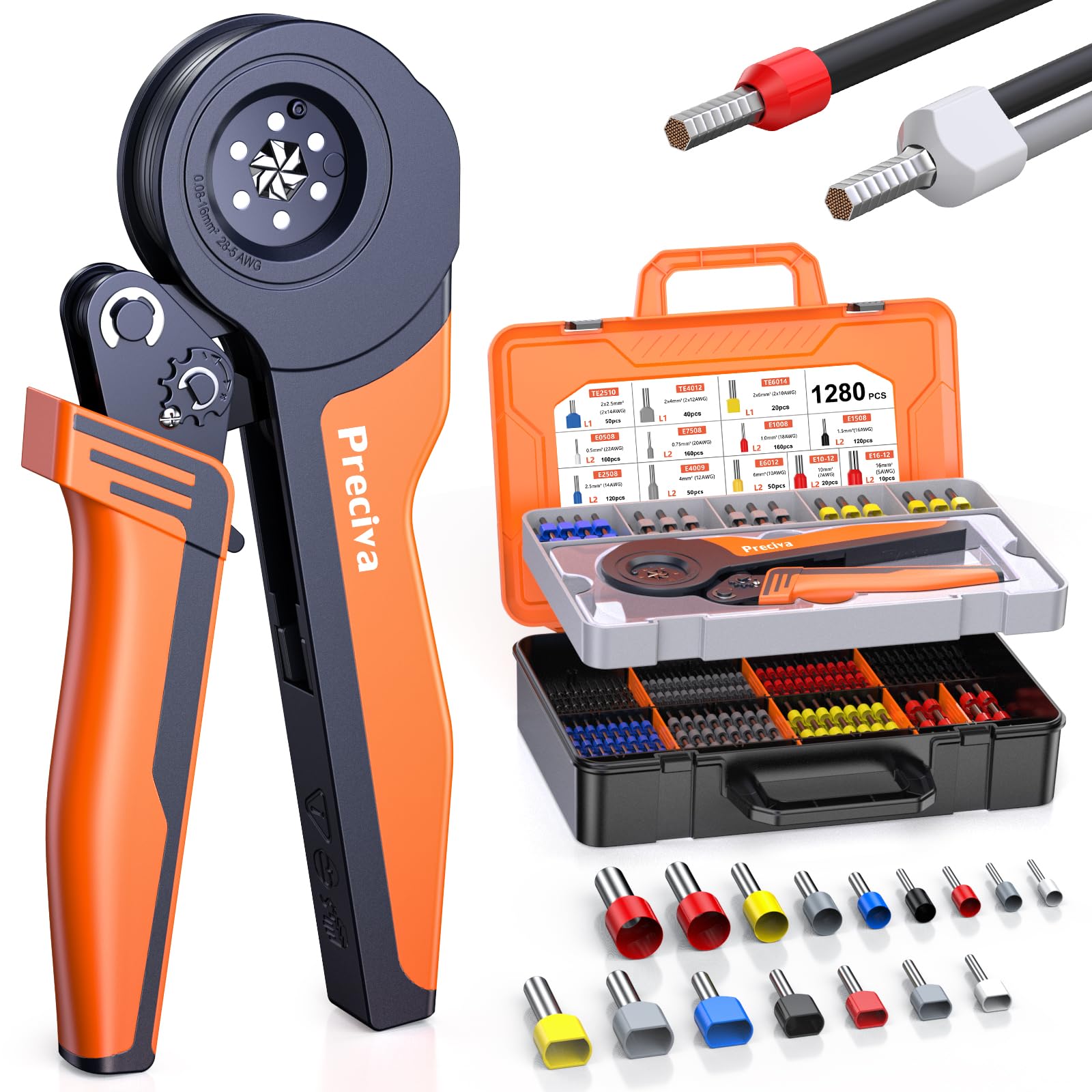 Preciva Pinza Para Crimpar con 1280 Piezas,0.08-16mm² de Crimper,Alicates de Terminales Talla Grande,Punteras Electricas,Alicates de Seis Lados para Bricolaje y uso Industrial Terminales EléCtricos