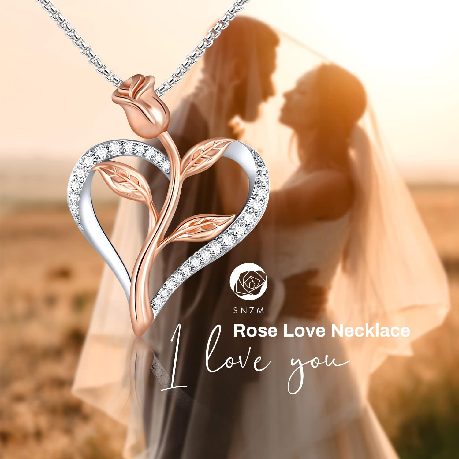 Valentines Gift Rose Necklace for Women Cubic Zirconia Love Heart Pendant Necklace, Silver & Rose Gold 2-Tone Rose Pendant with Jewelry Box Birthday Gifts for Her - Image 6