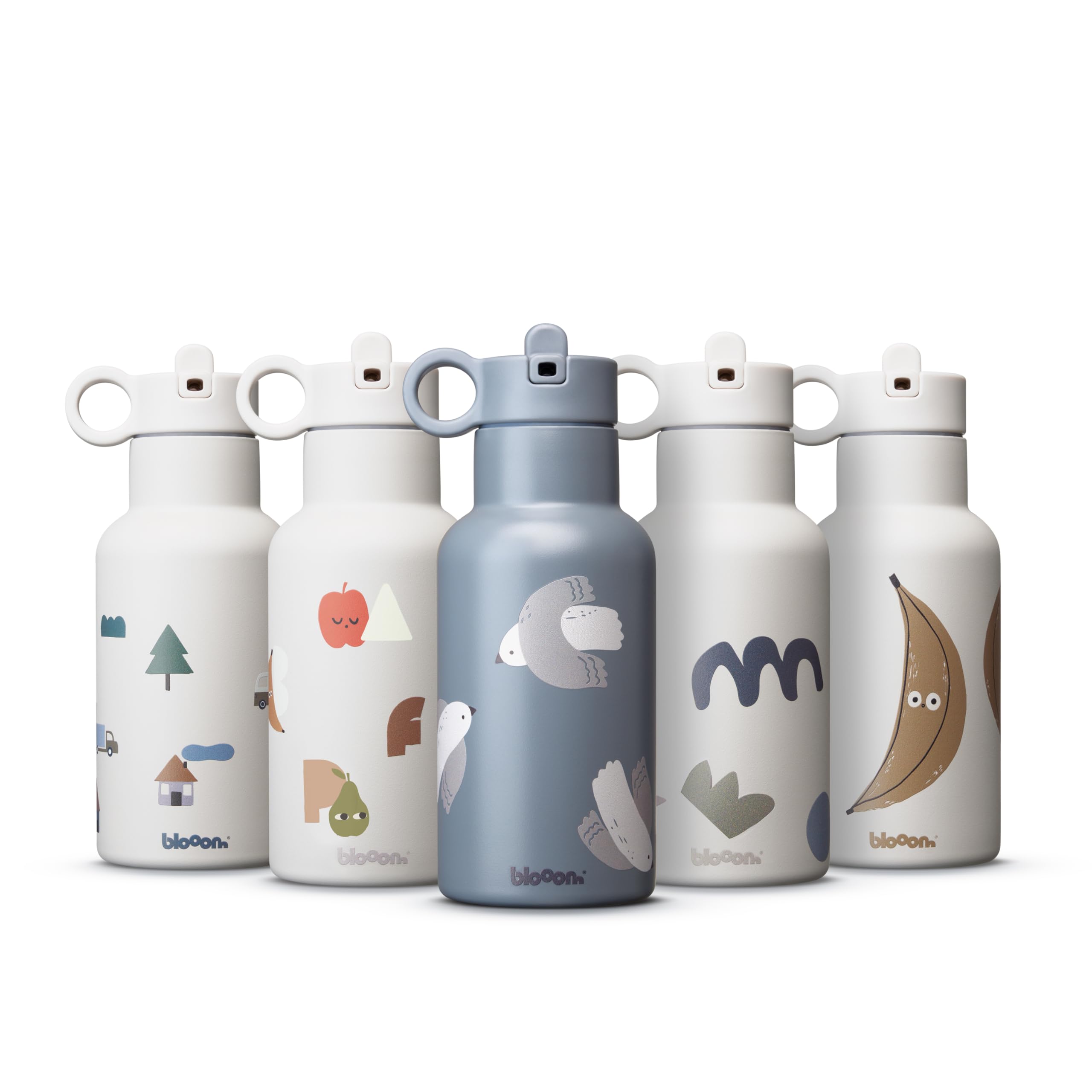 Blooom Botella de Agua Para Niños | Botella Termica Acero Inoxidable Con Pajita | Duradera, a Frueba de fugas y Fácil de Usar | Libre de BPA | Diseño Holandés (Pájaros, 350ml)