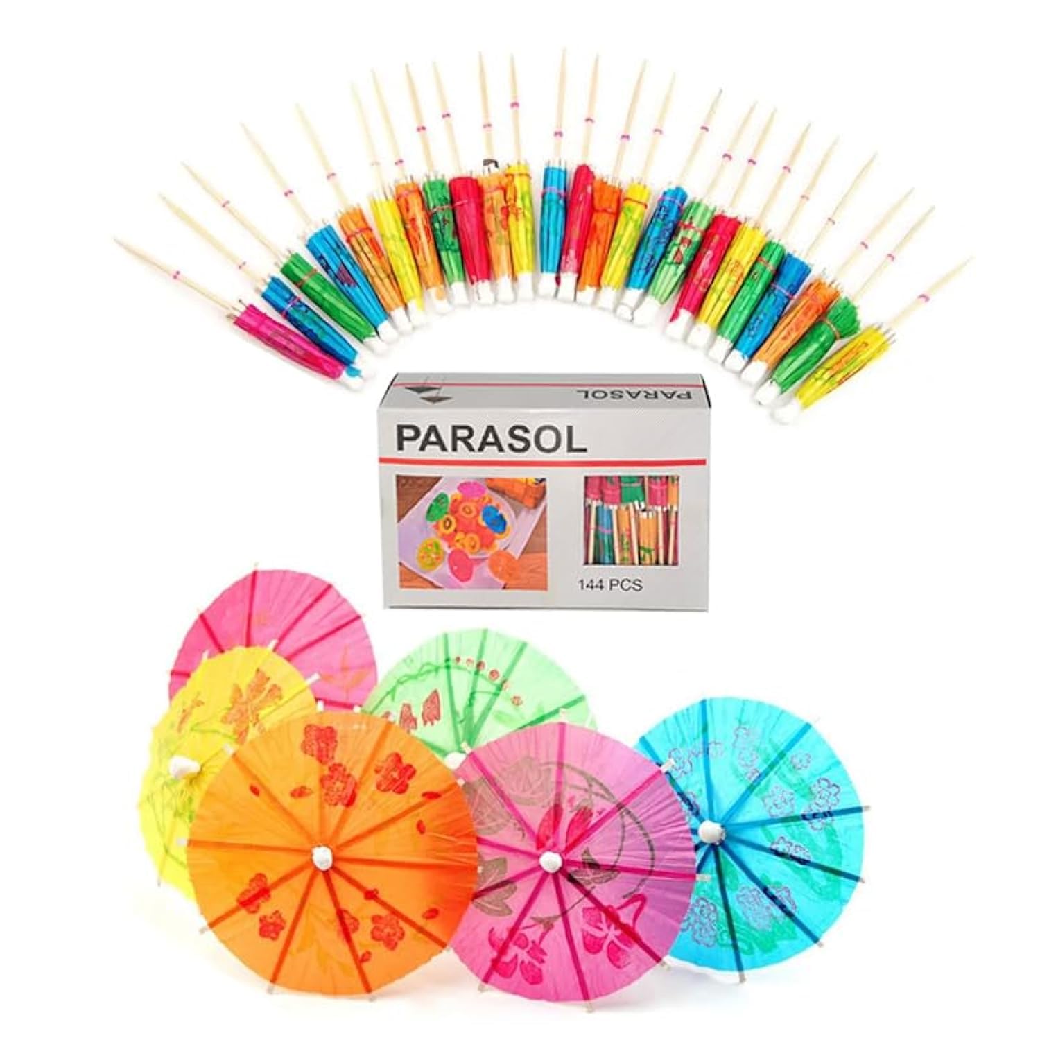 CYNBHH 144PCS Drink Umbrella Picks Fruit Cake Sticks Toothpicks Mini Umbrella Paper Cocktail Parasols Wedding Decoration Baby Birthday Party Supplies